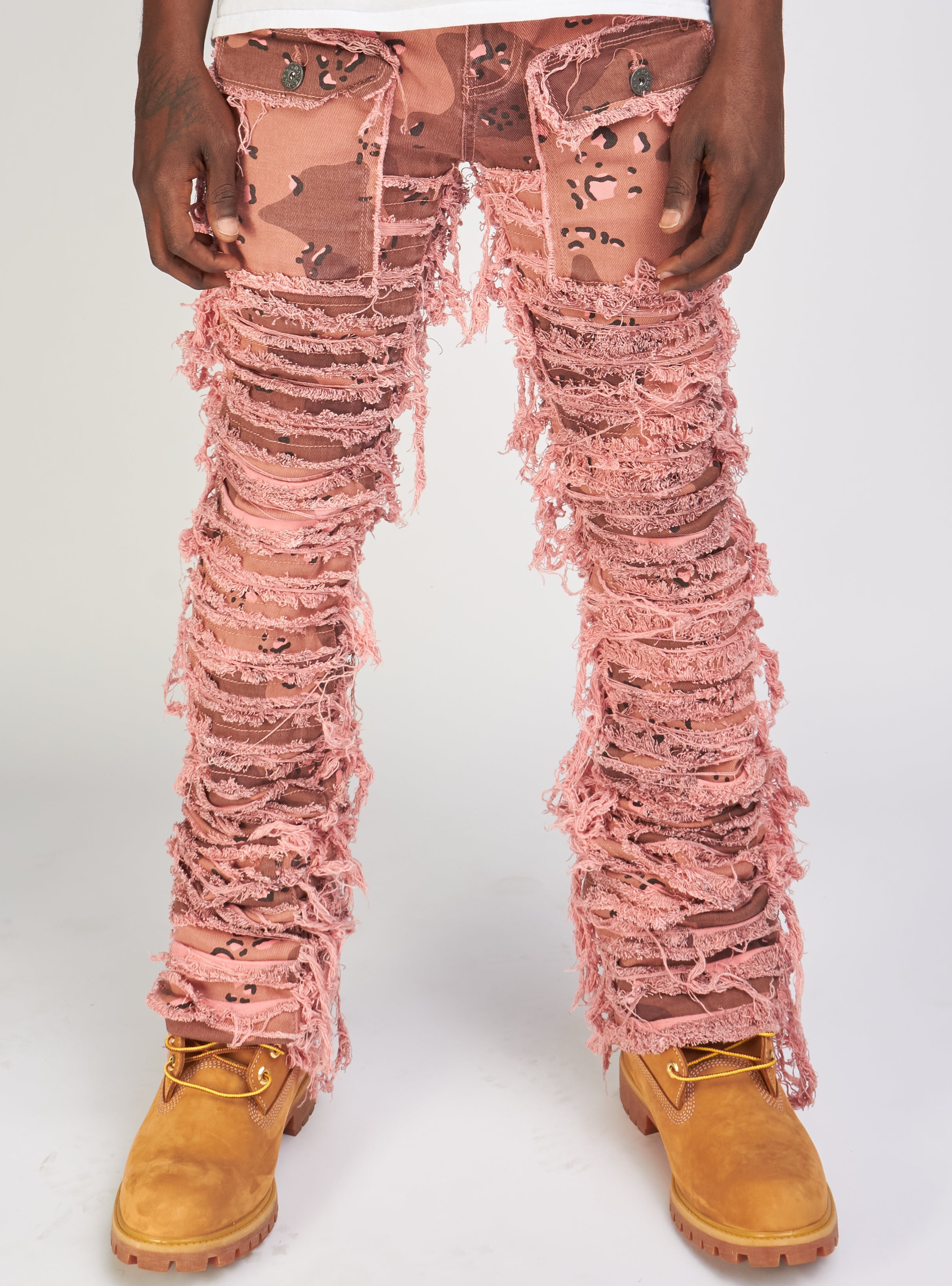 Majestik Jeans - Nirvana Rip And Frayed Stacked Pants - Pink Camo - DL2260