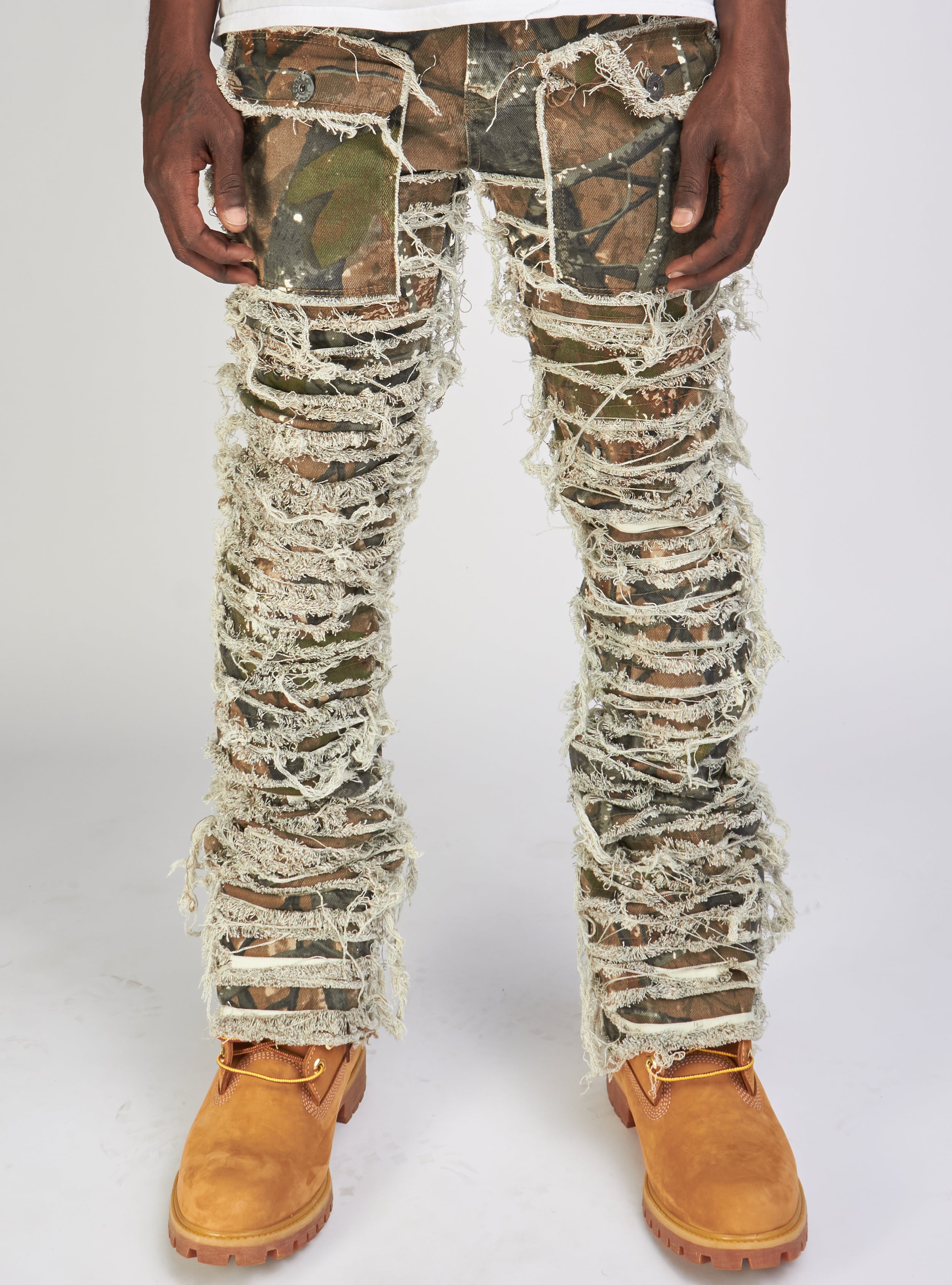 Majestik Jeans - Nirvana Rip And Frayed Stacked Pants - Hunter Camo - DL2260