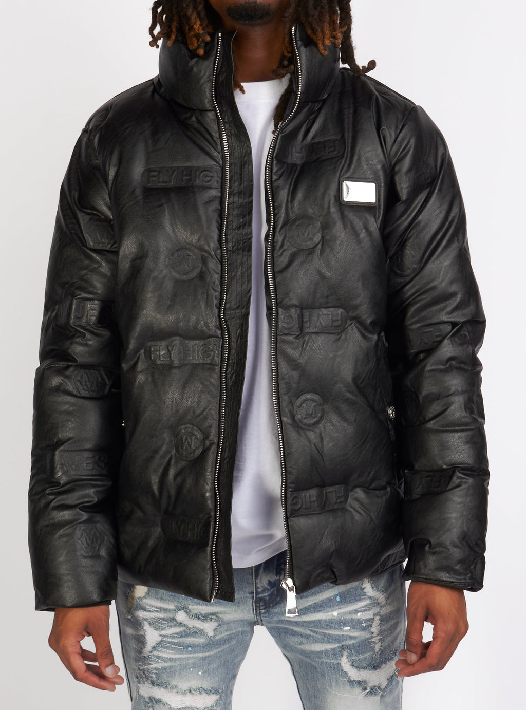 Majestik Jacket - Branded Faux Leather Puffer - Black - JJ2224