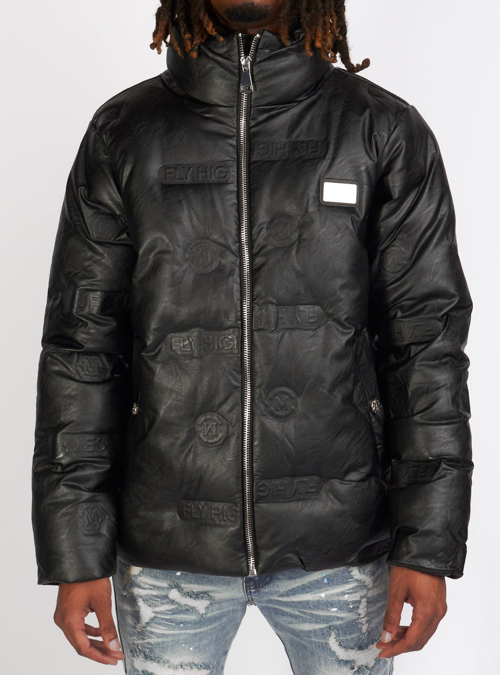 Majestik Jacket - Branded Faux Leather Puffer - Black - JJ2224