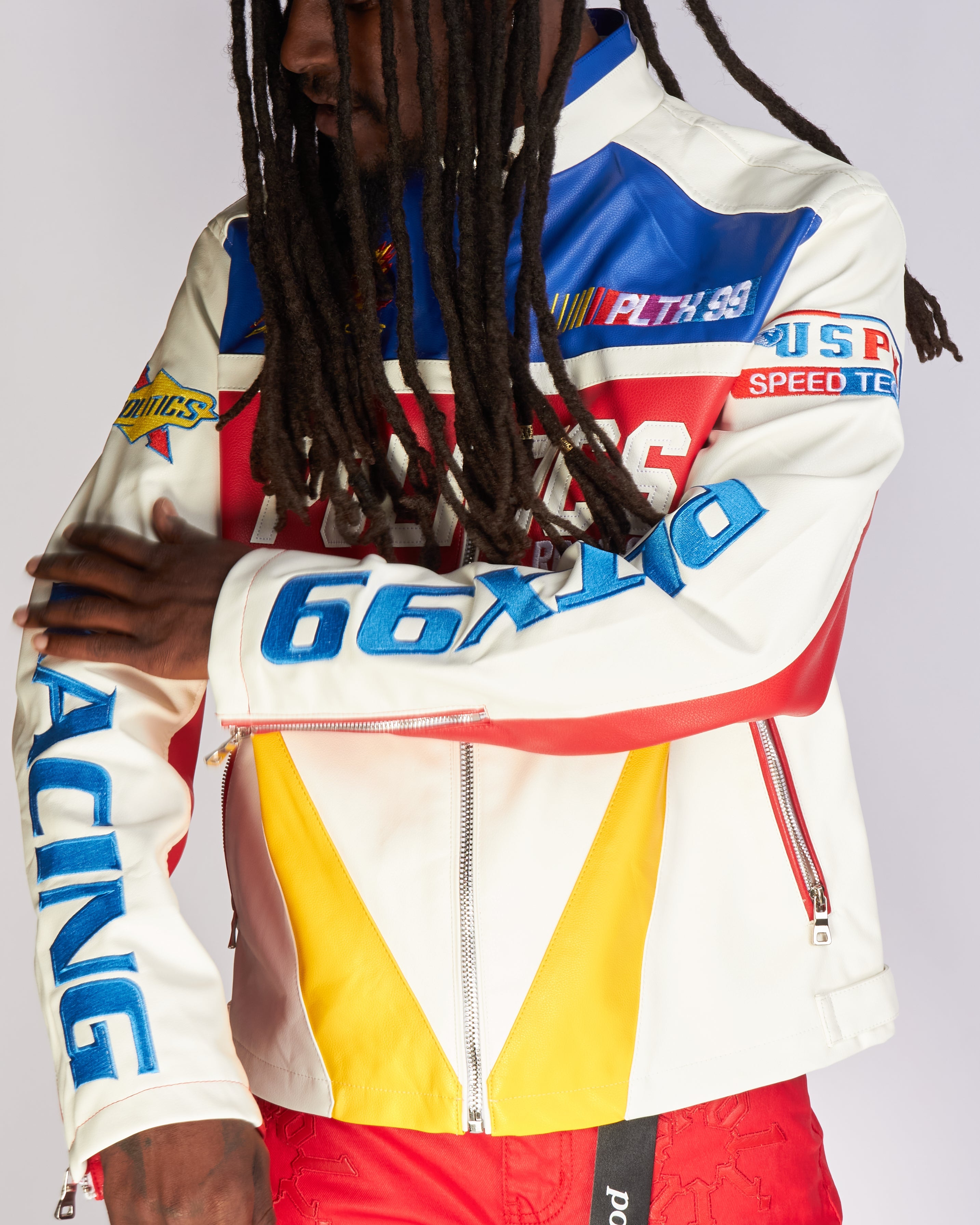 Politics Jacket - Leather Moto Racing - Beloved - White And Blue  - 575