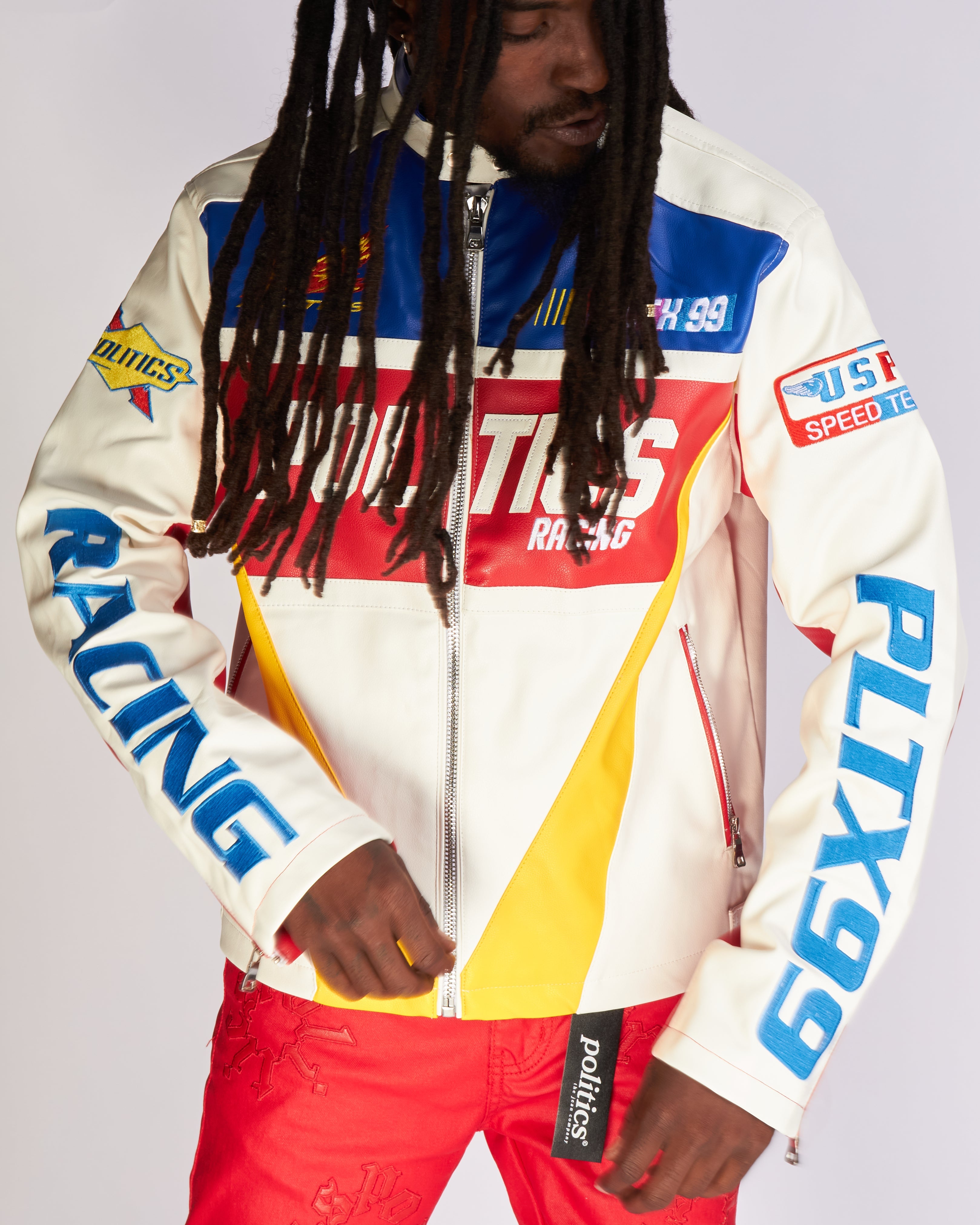 Politics Jacket - Leather Moto Racing - Beloved - White And Blue  - 575