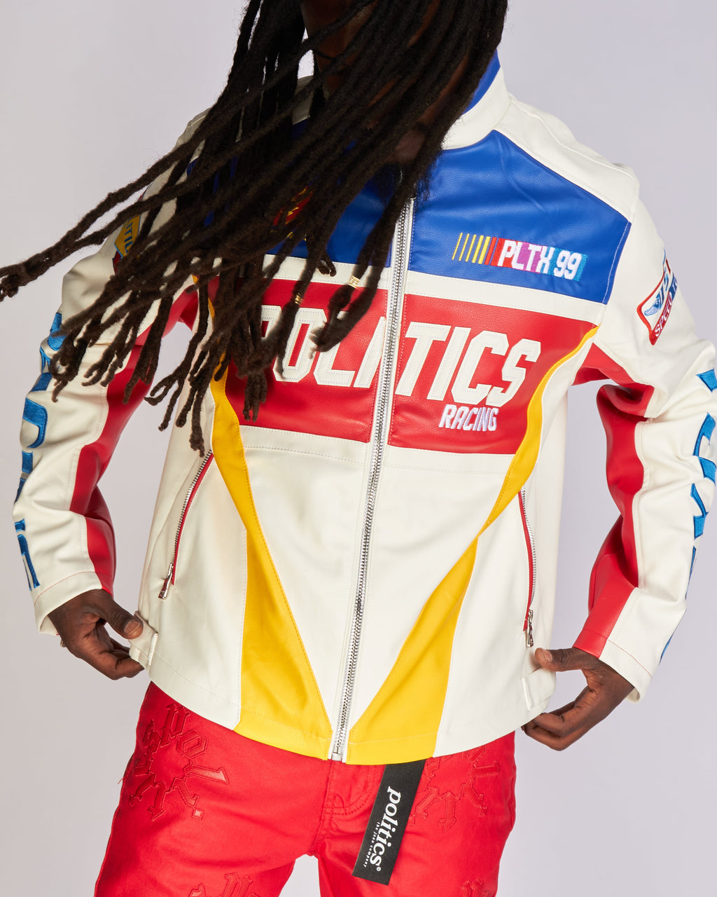 Politics Jacket - Leather Moto Racing - Beloved - White And Blue  - 575