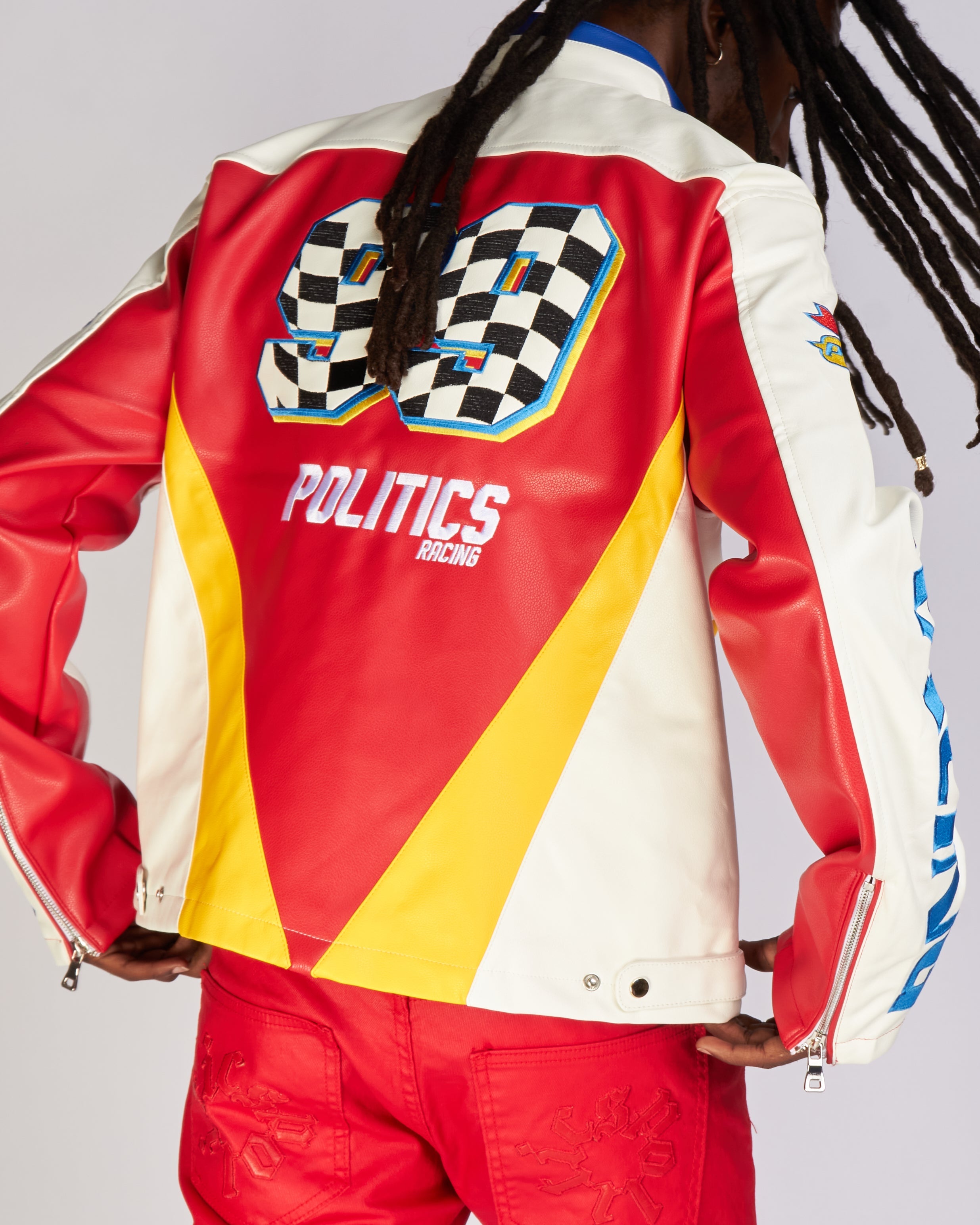 Politics Jacket - Leather Moto Racing - Beloved - White And Blue  - 575