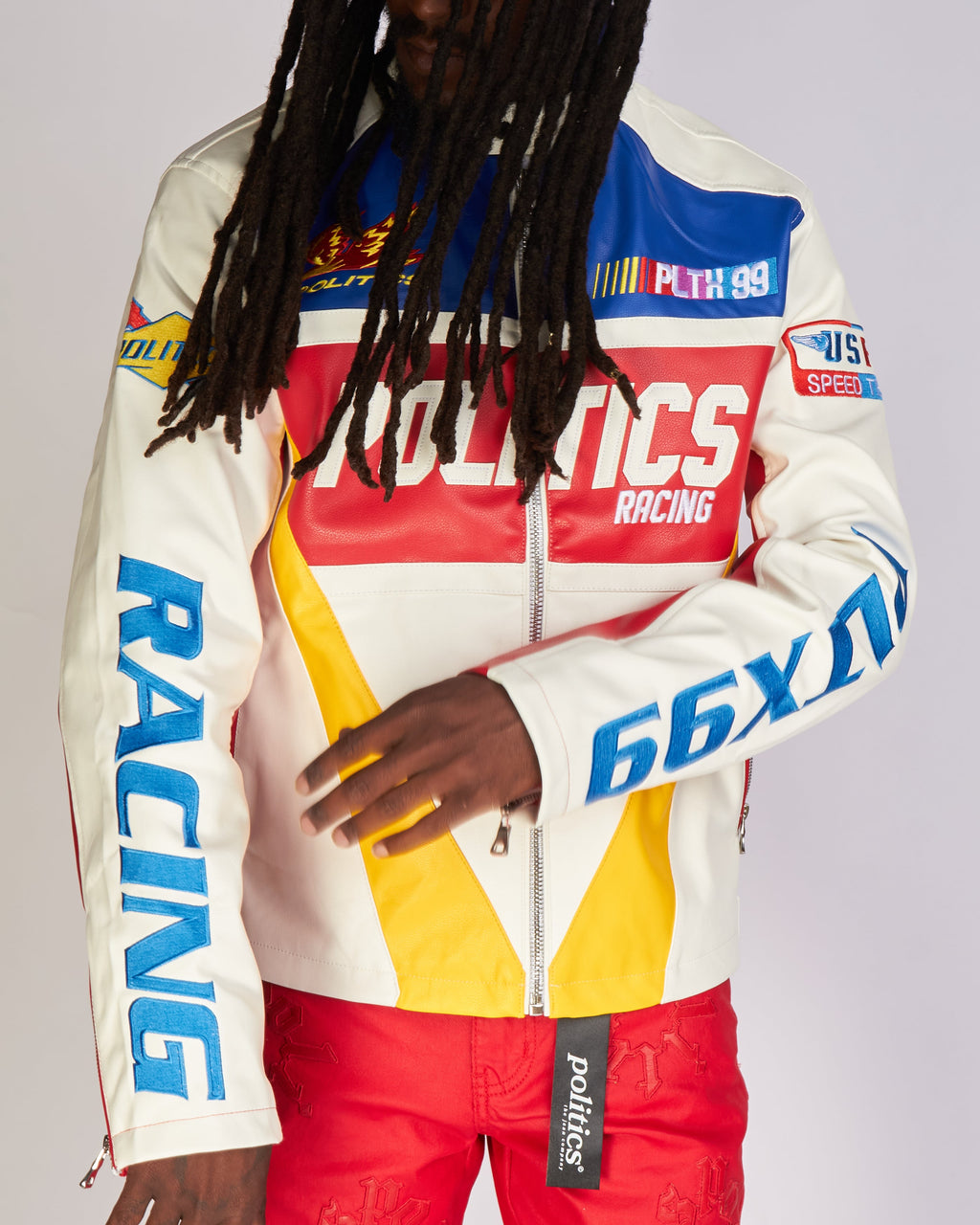 Politics Jacket - Leather Moto Racing - Beloved - White And Blue  - 575