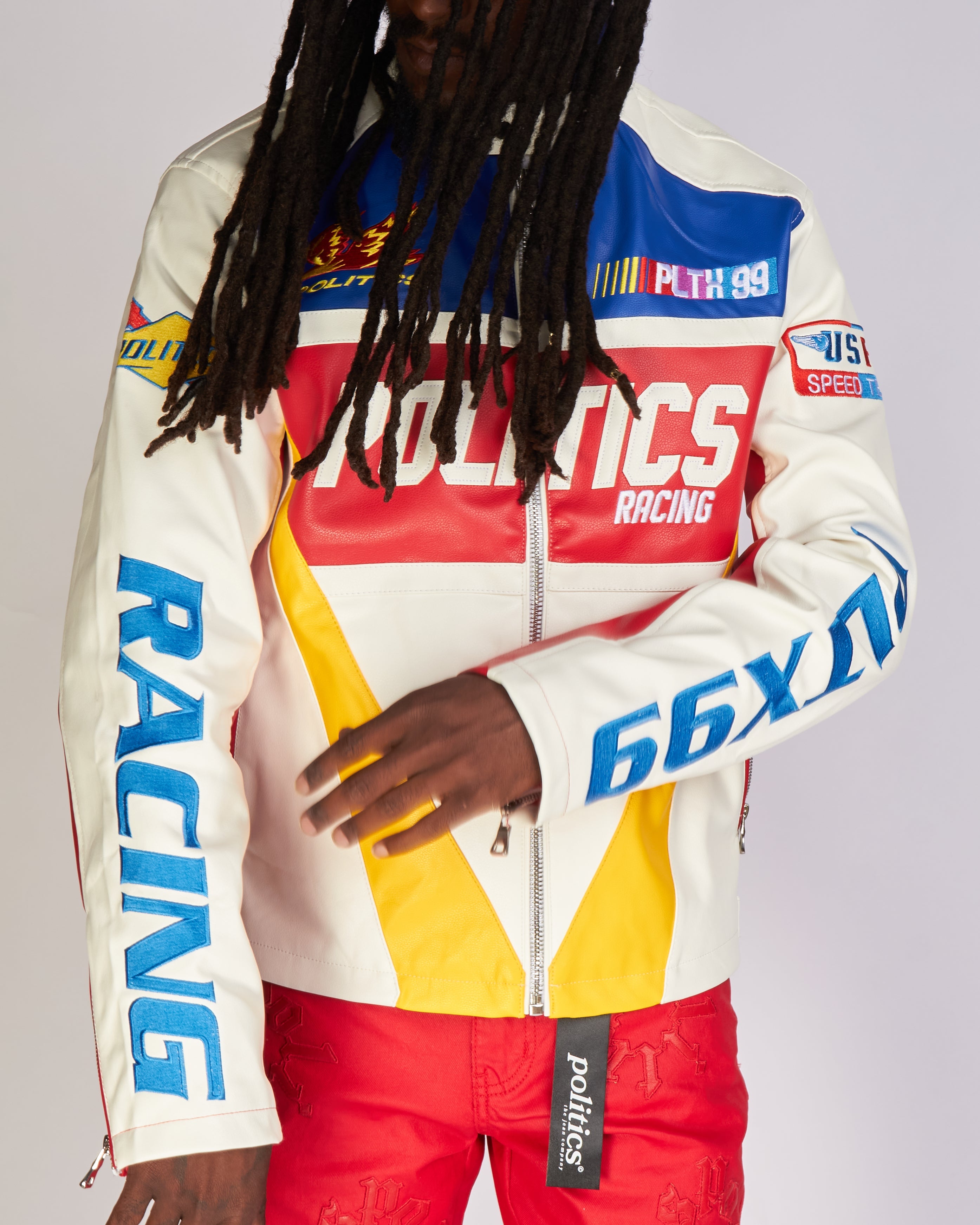 Politics Jacket - Leather Moto Racing - Beloved - White And Blue  - 575
