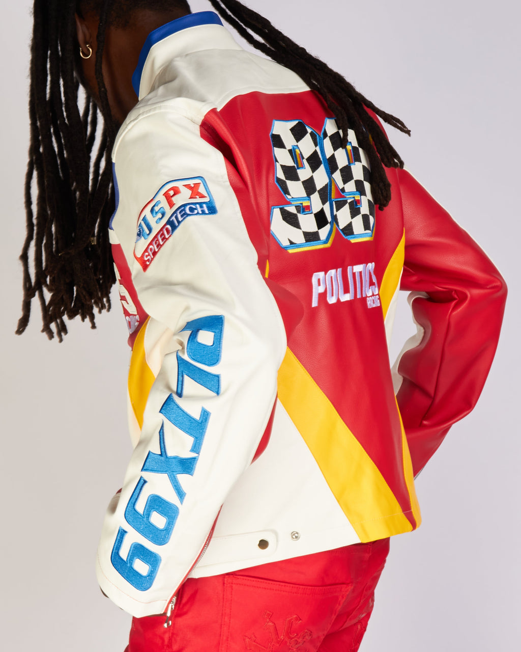 Politics Jacket - Leather Moto Racing - Beloved - White And Blue  - 575