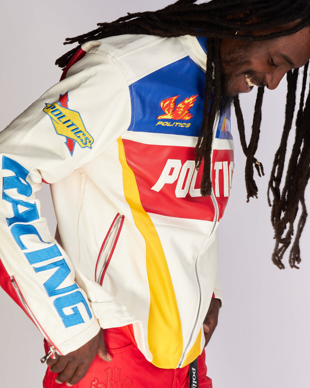 Politics Jacket - Leather Moto Racing - Beloved - White And Blue  - 575