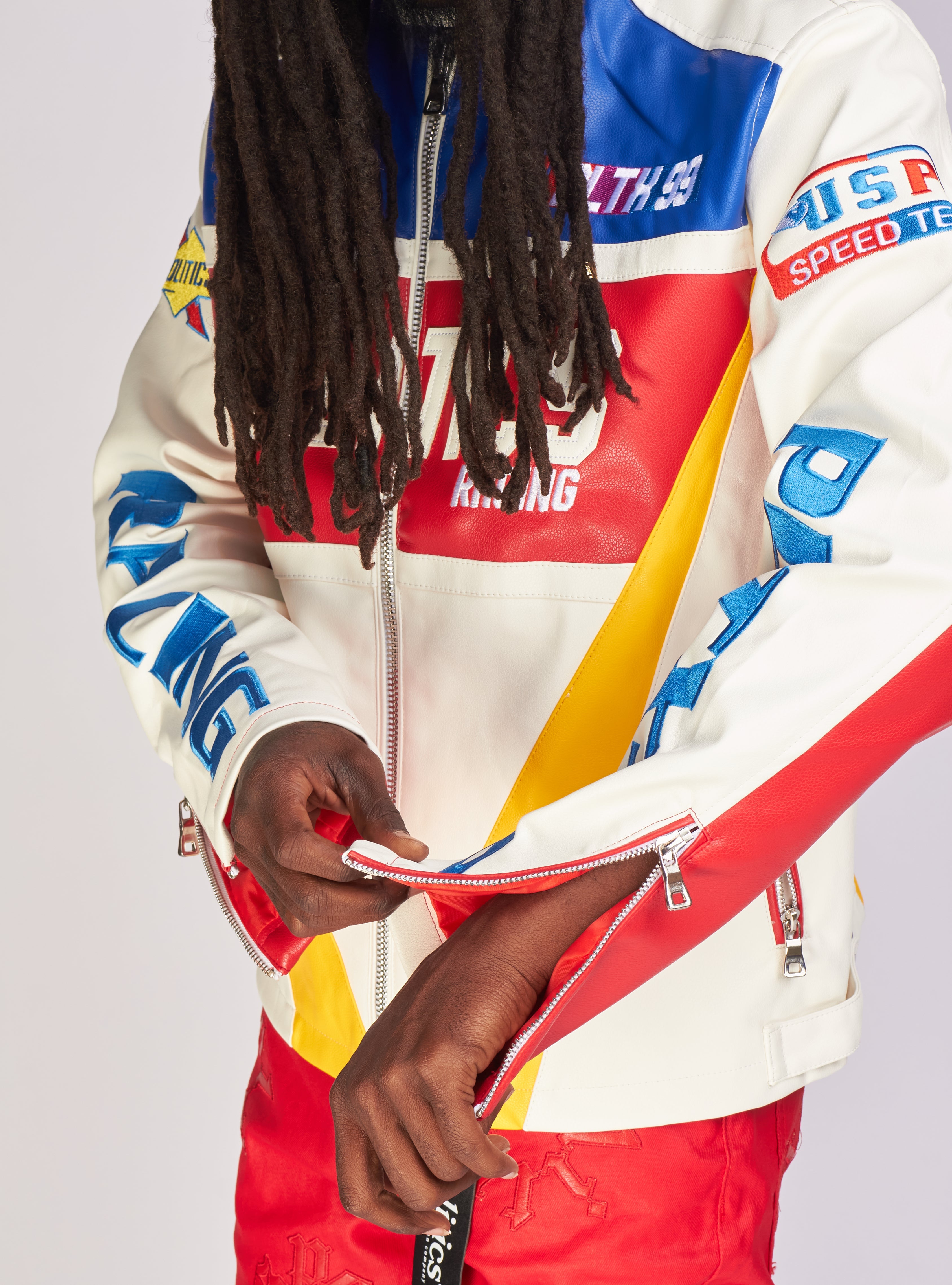 Politics Jacket - Leather Moto Racing - Beloved - White And Blue  - 575