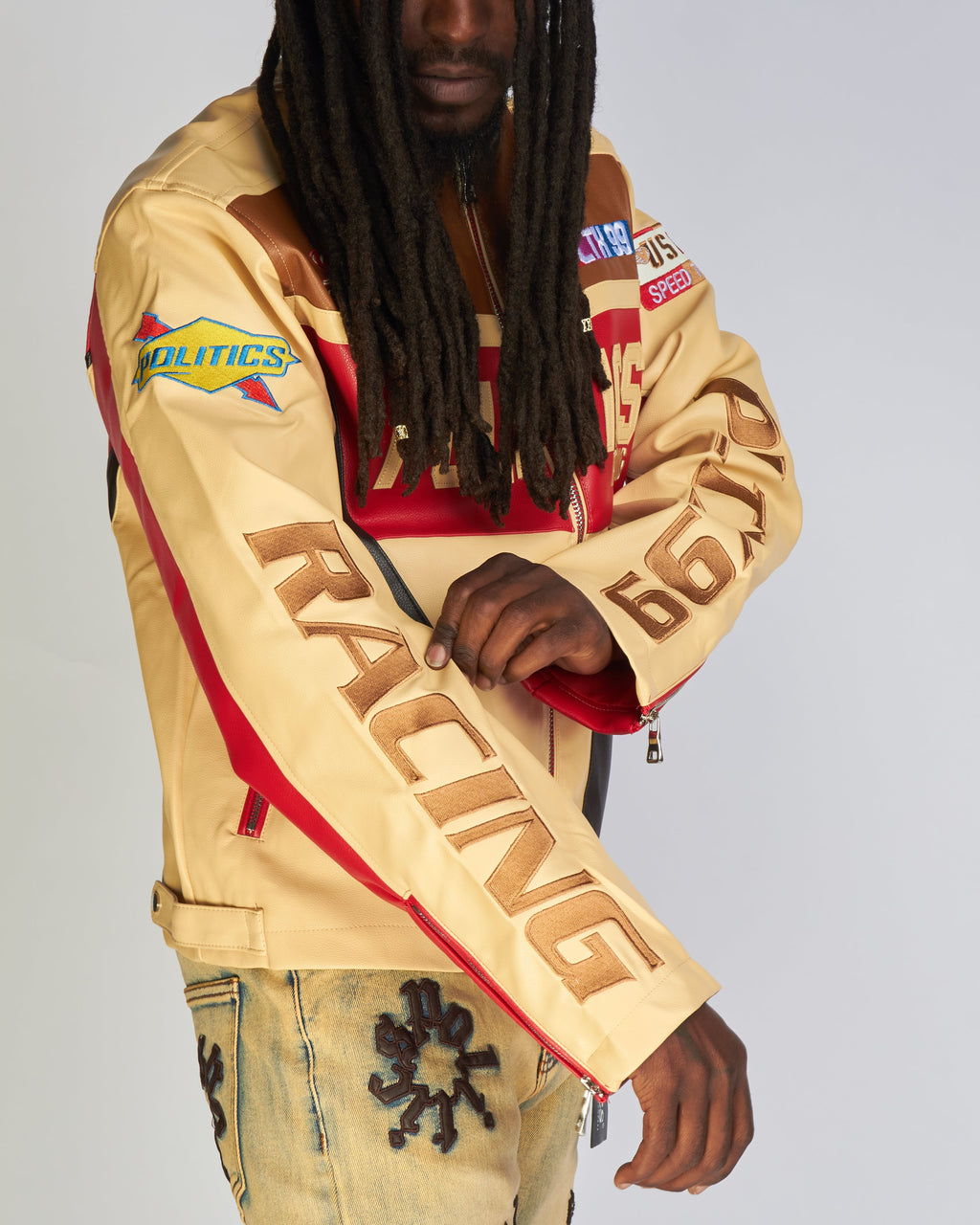 Politics Jacket - Leather Moto Racing - Beloved - Cream And Red  - 574