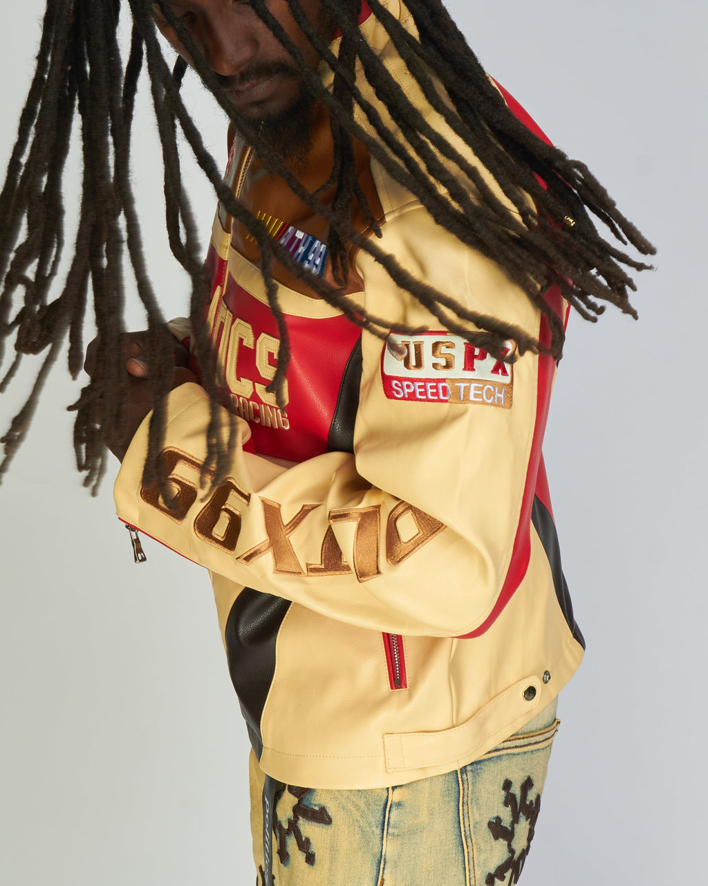 Politics Jacket - Leather Moto Racing - Beloved - Cream And Red  - 574