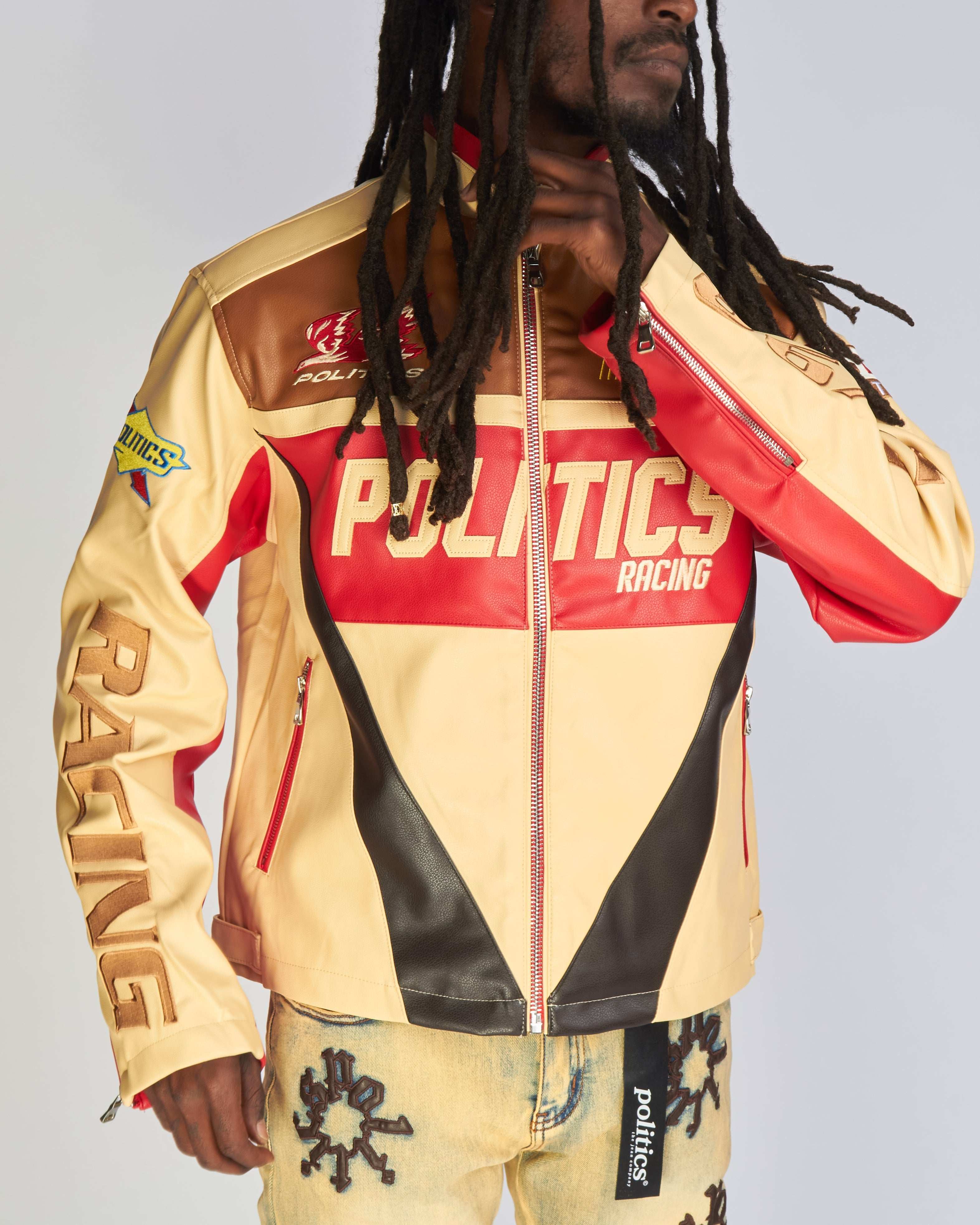 Politics Jacket - Leather Moto Racing - Beloved - Cream And Red  - 574