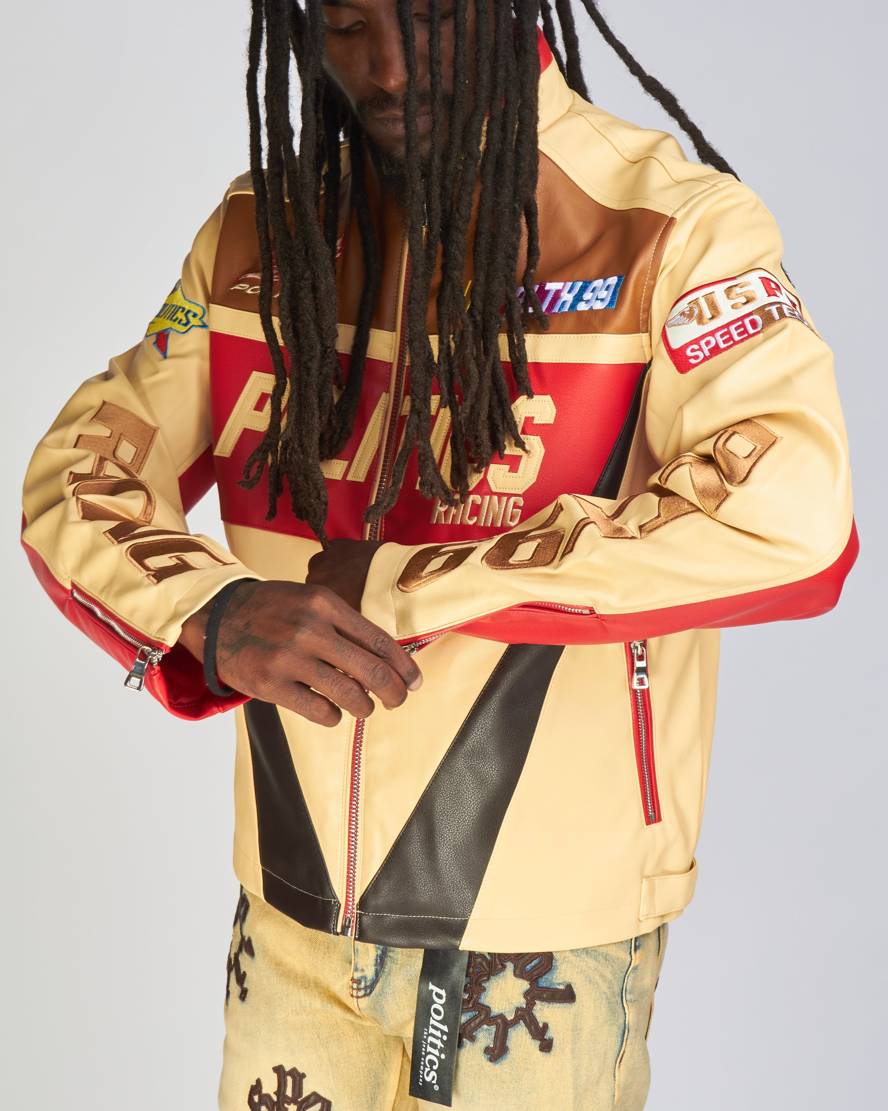 Politics Jacket - Leather Moto Racing - Beloved - Cream And Red  - 574