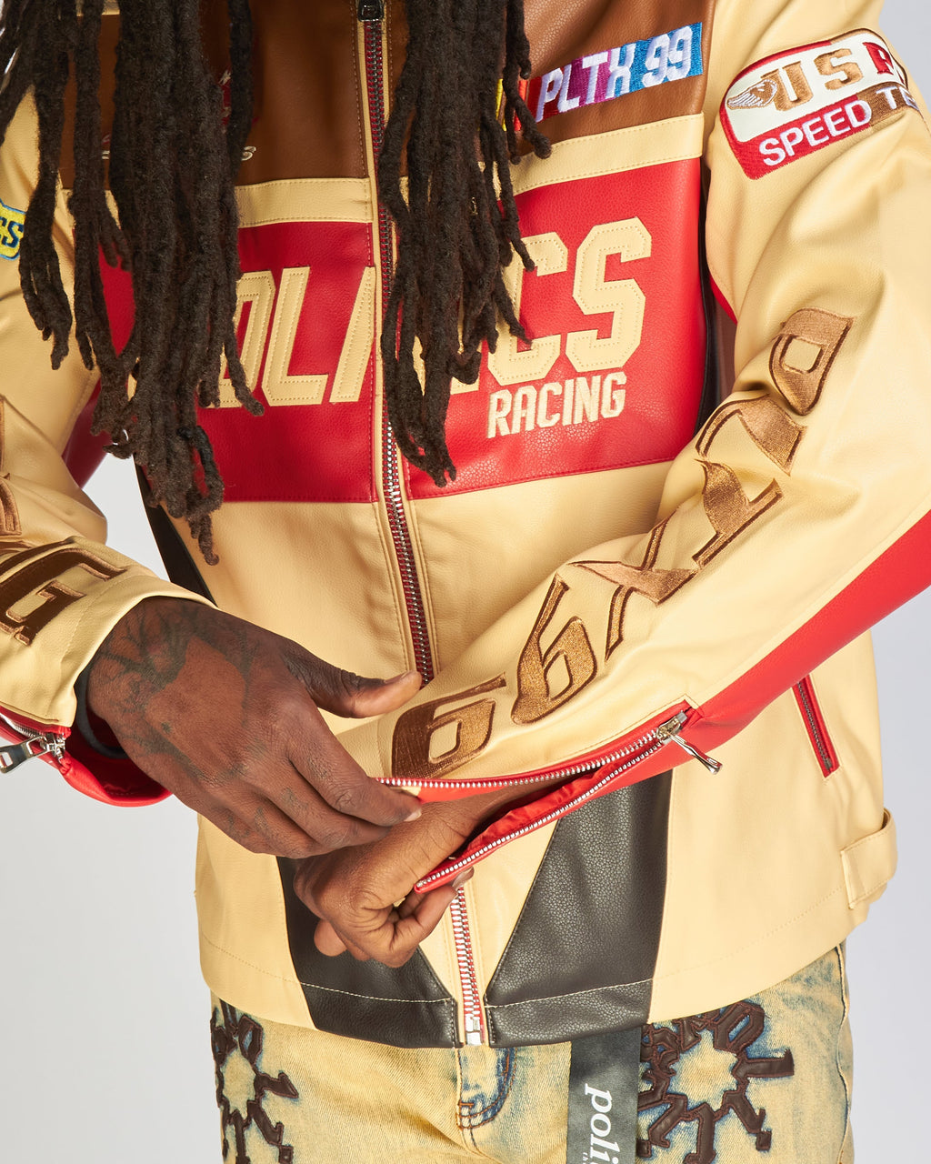 Politics Jacket - Leather Moto Racing - Beloved - Cream And Red  - 574