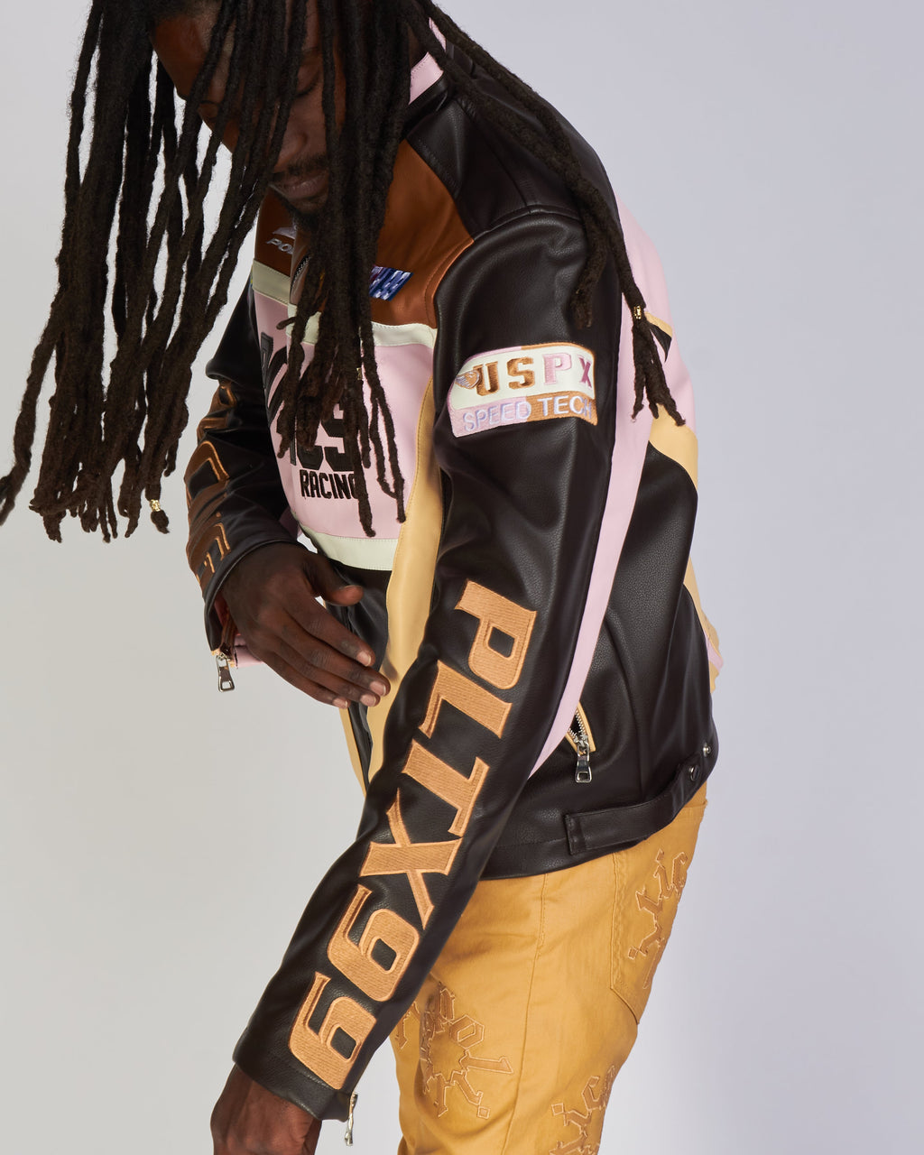 Politics Jacket - Leather Moto Racing - Beloved - Brown And Pink  - 573