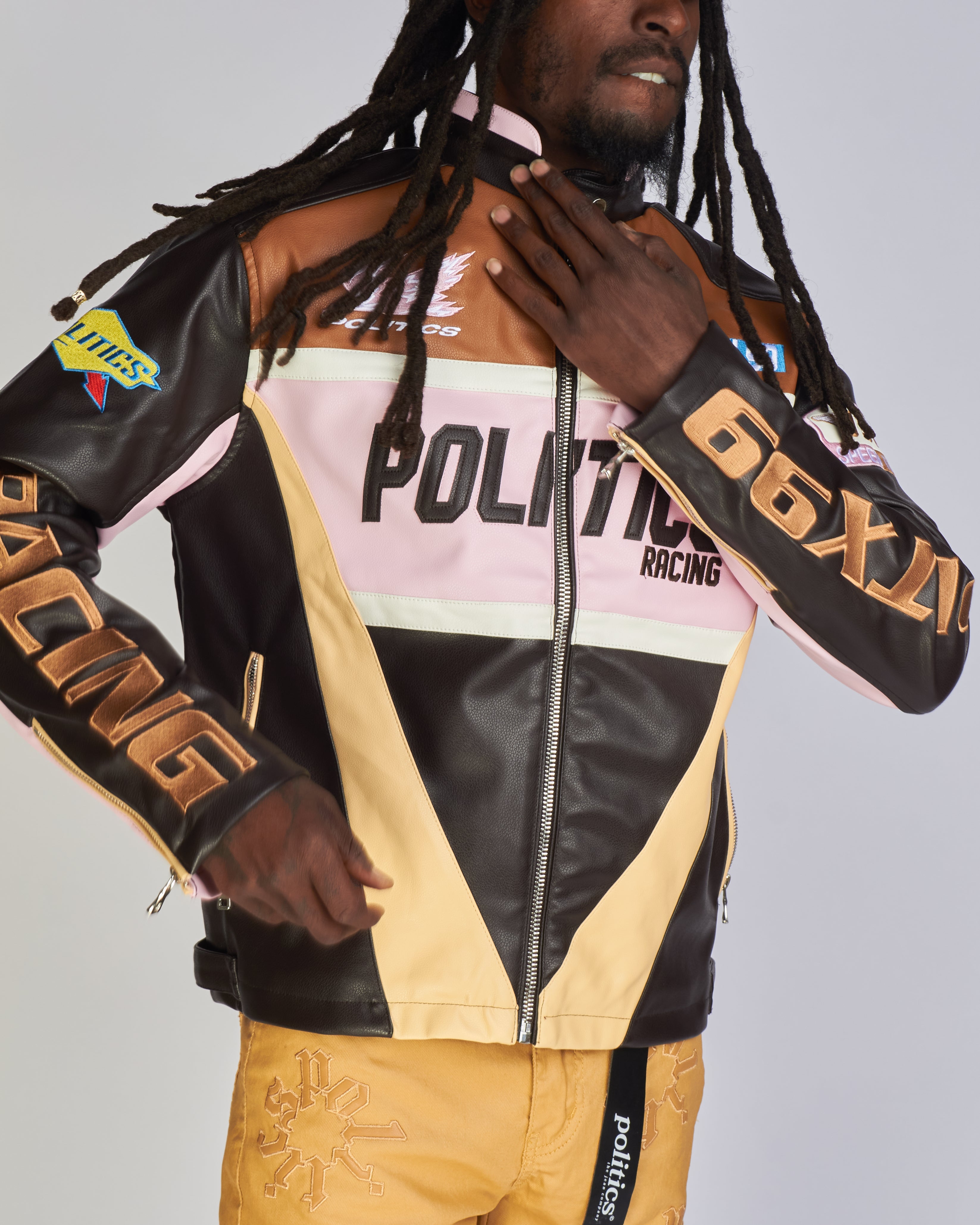 Politics Jacket - Leather Moto Racing - Beloved - Brown And Pink  - 573