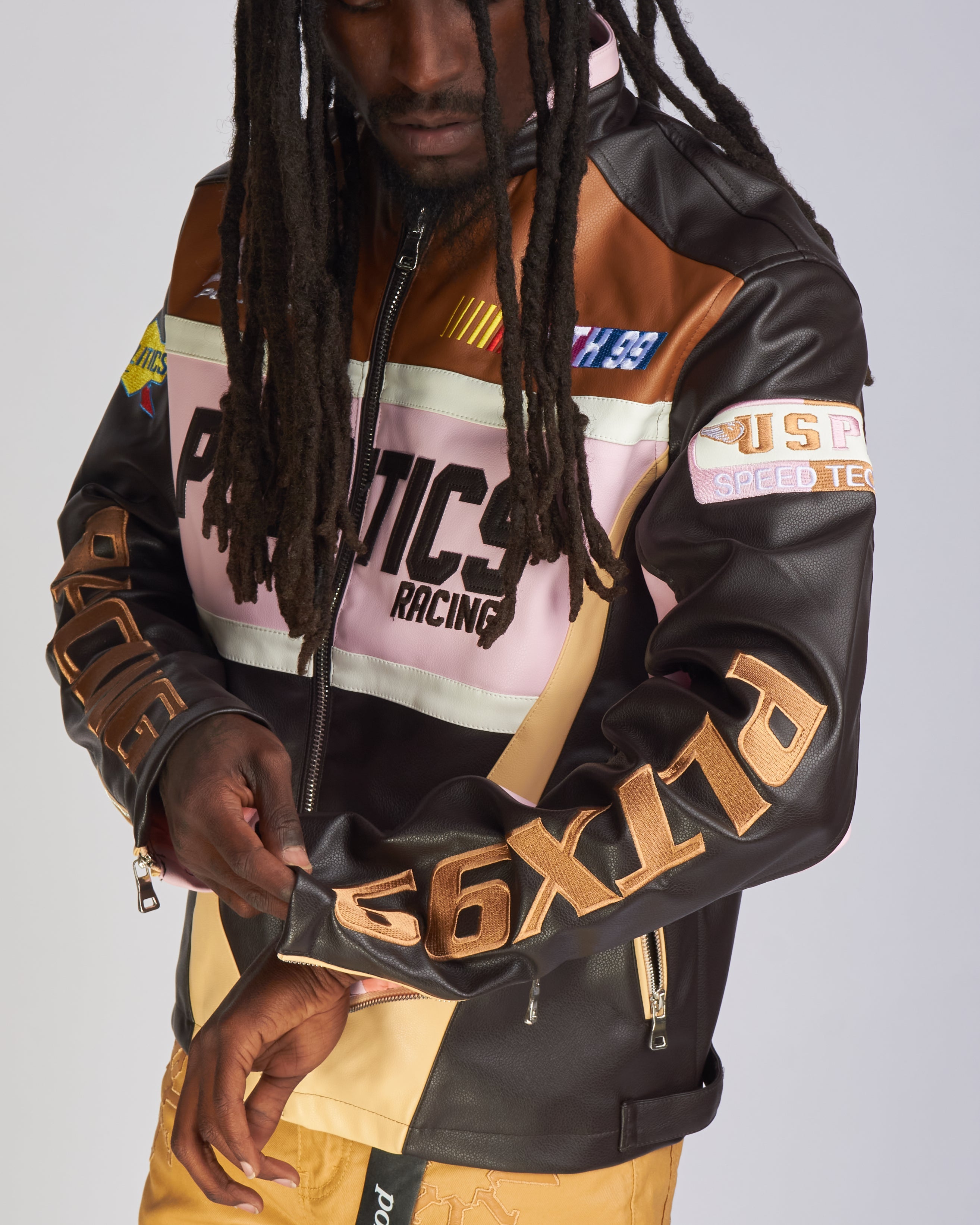 Politics Jacket - Leather Moto Racing - Beloved - Brown And Pink  - 573