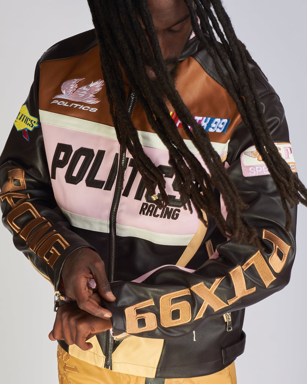 Politics Jacket - Leather Moto Racing - Beloved - Brown And Pink  - 573