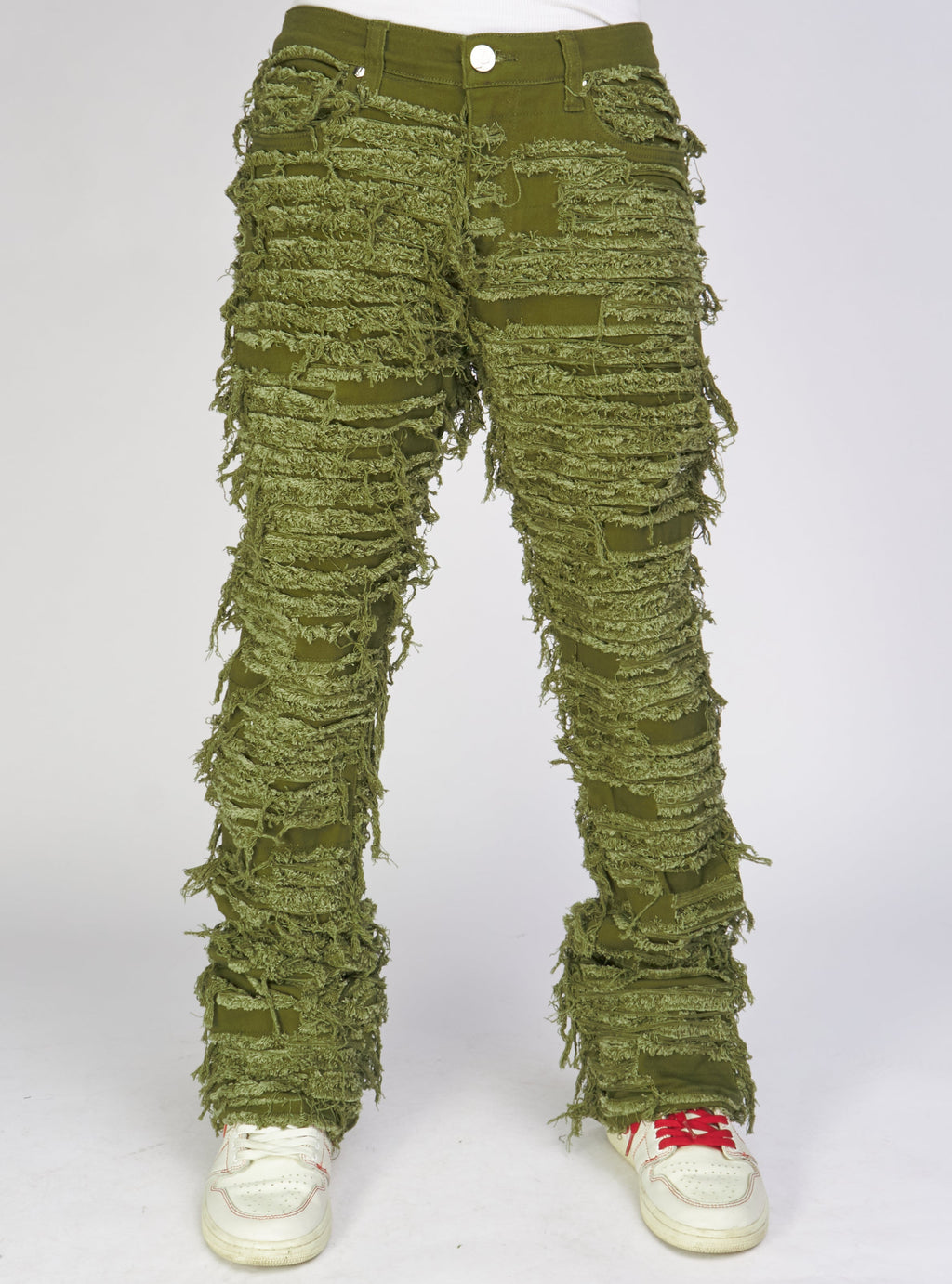 Politics Jeans - Thrashed Distressed Stacked Flare - Dark Olive - Debris 512
