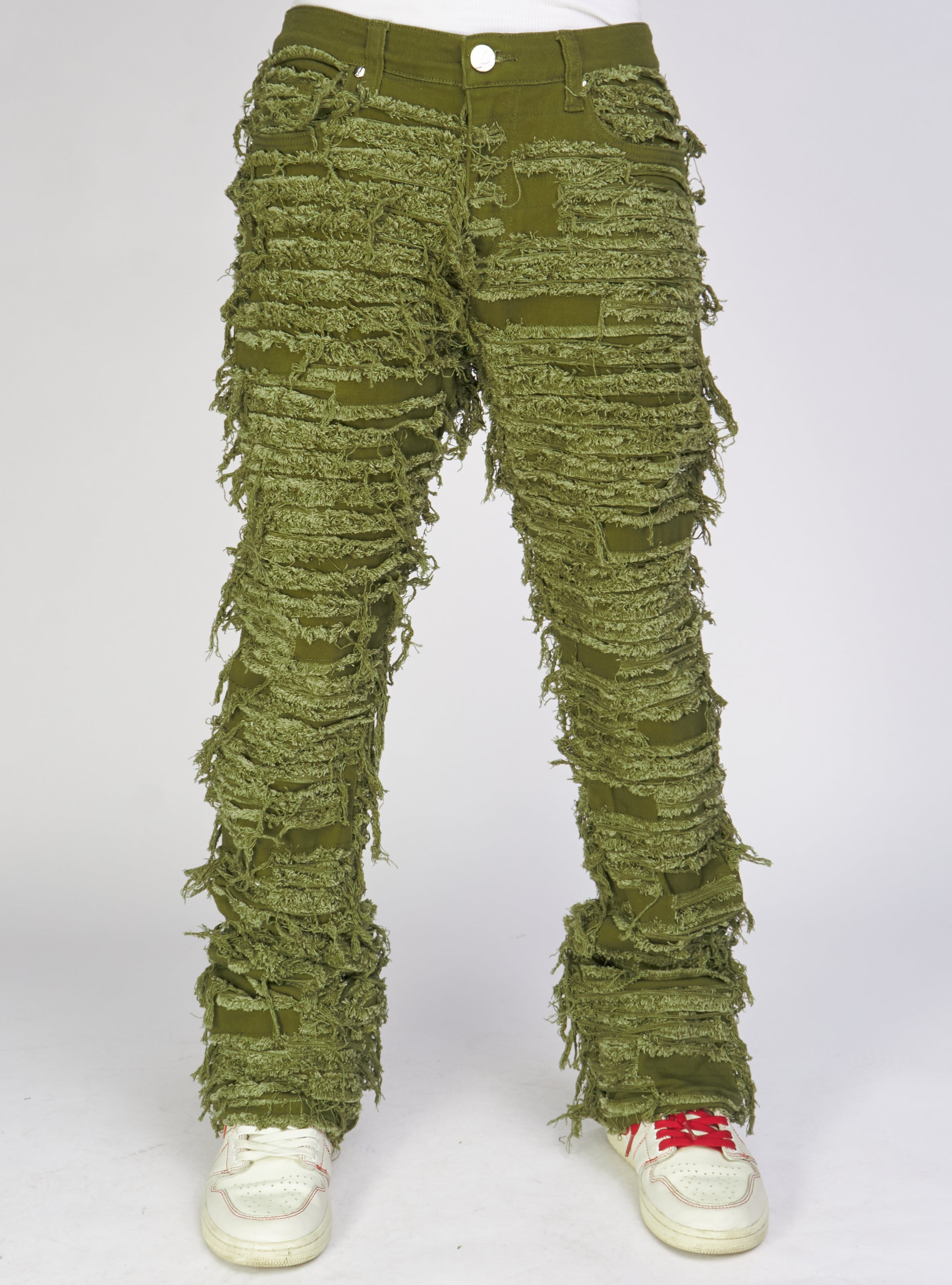 Politics Jeans - Thrashed Distressed Stacked Flare - Dark Olive - Debris 512