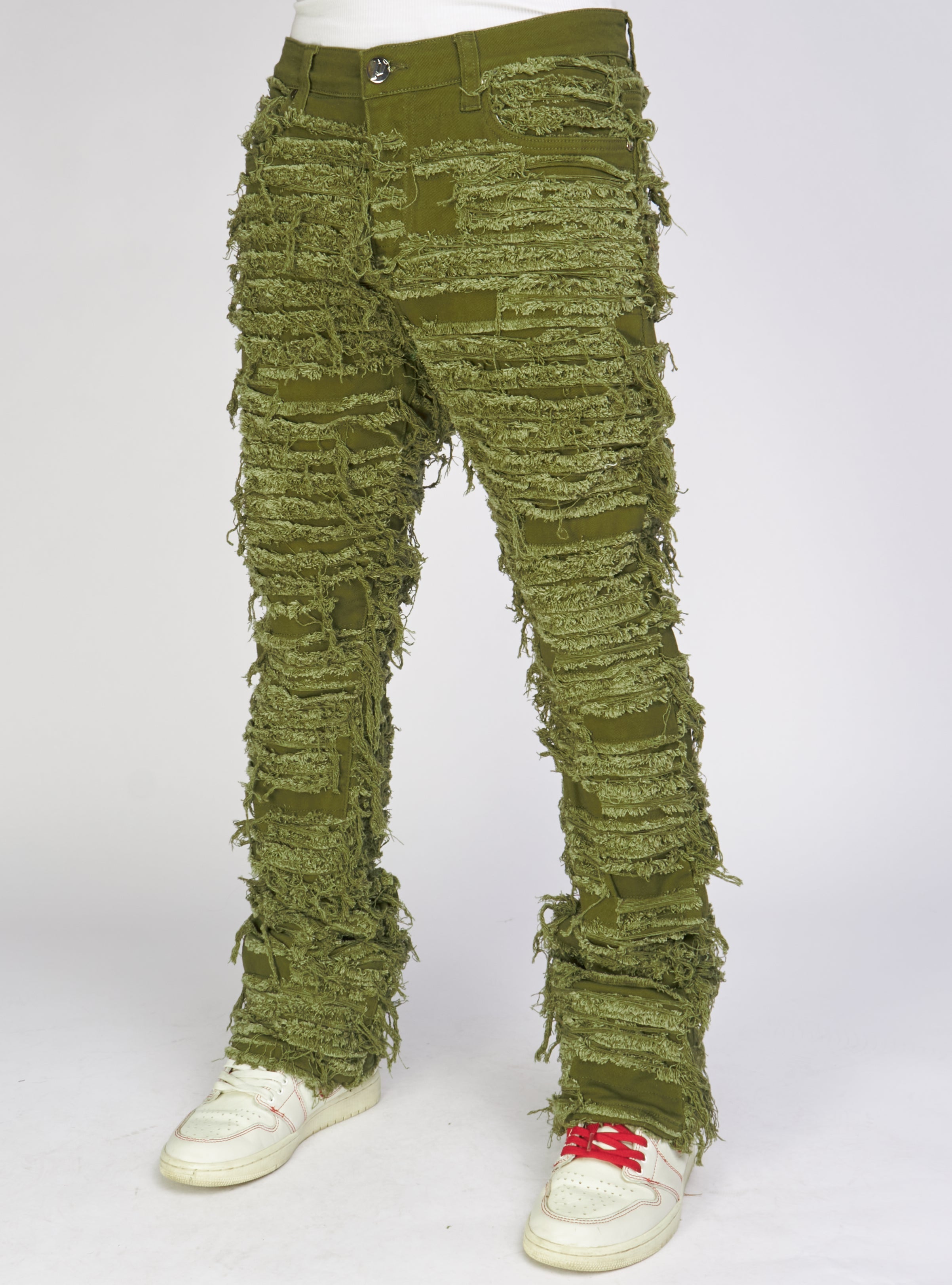 Politics Jeans - Thrashed Distressed Stacked Flare - Dark Olive - Debris 512