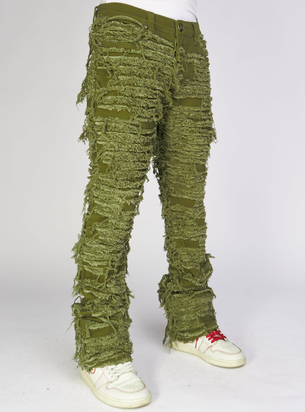 Politics Jeans - Thrashed Distressed Stacked Flare - Dark Olive - Debris 512