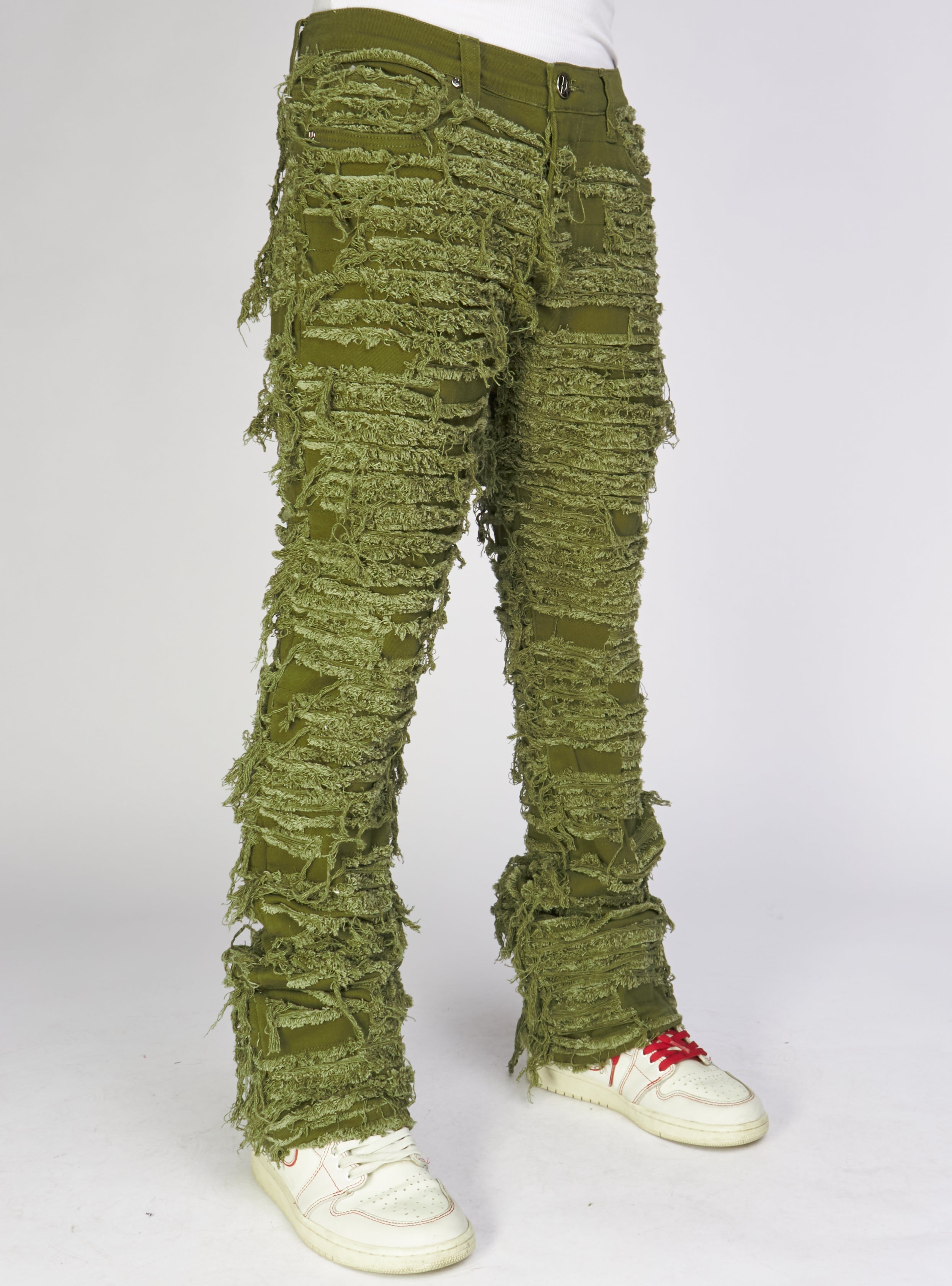 Politics Jeans - Thrashed Distressed Stacked Flare - Dark Olive - Debris 512