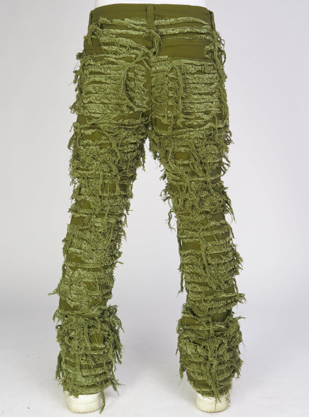 Politics Jeans - Thrashed Distressed Stacked Flare - Dark Olive - Debris 512