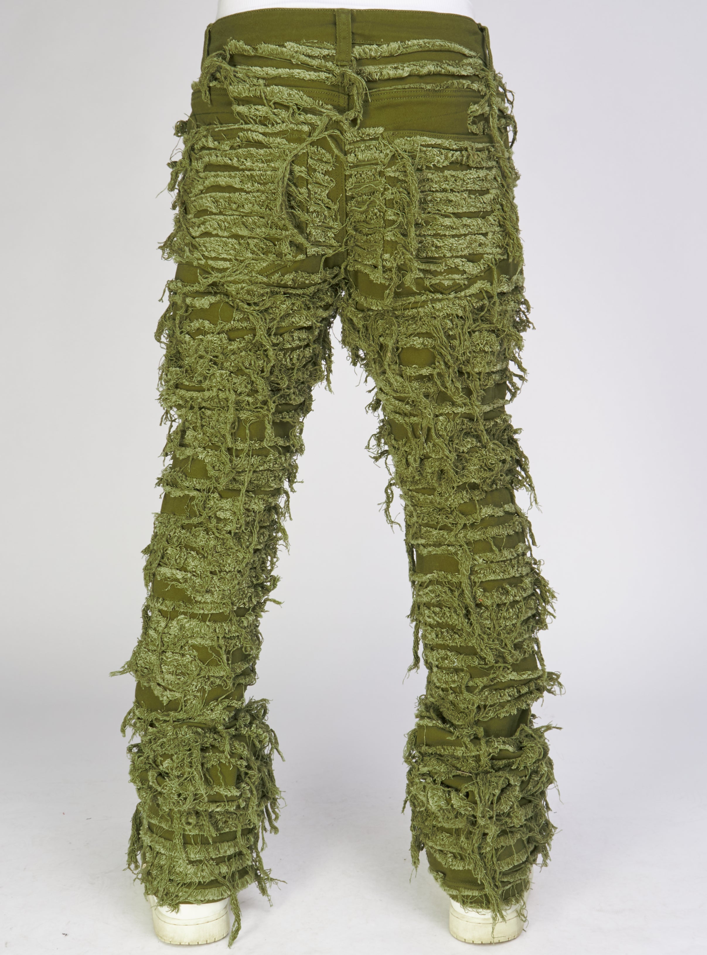 Politics Jeans - Thrashed Distressed Stacked Flare - Dark Olive - Debris 512