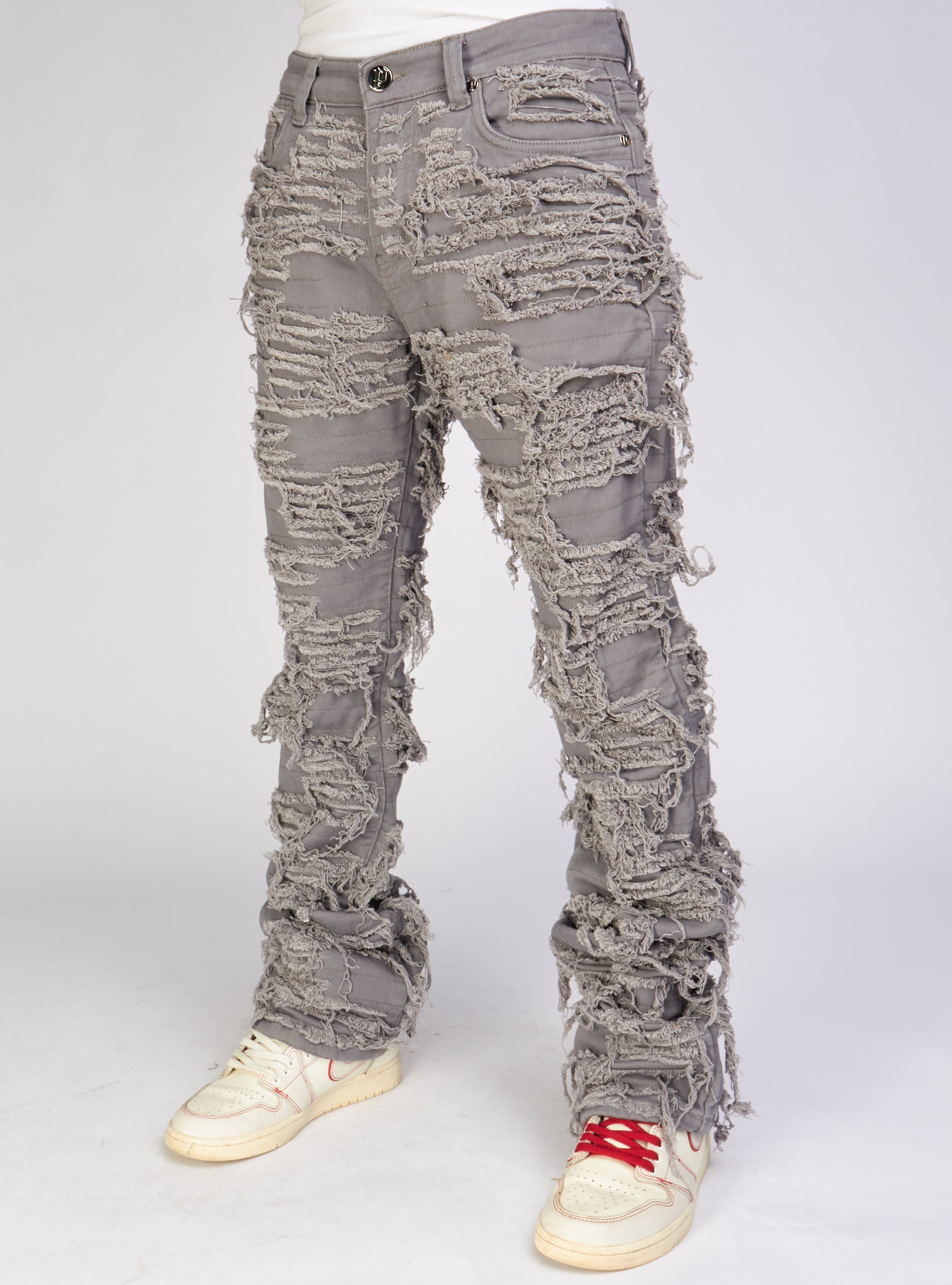 Politics Jeans - Thrashed Distressed Stacked Flare - Grey - Debris 515