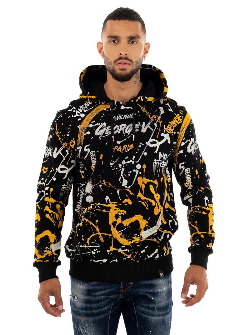 George V Hoodie - Splatter Paint - Black And Gold - GV2419