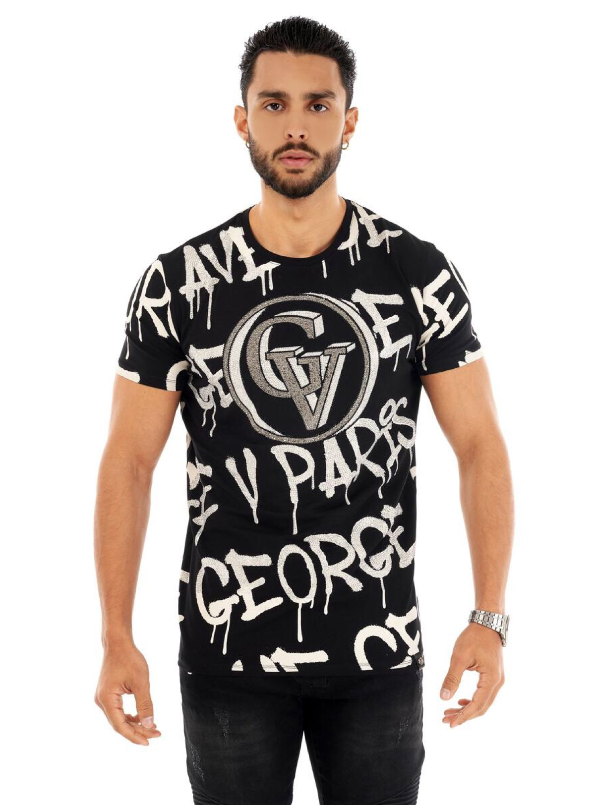 George V T-Shirt - Paint Drip Logo Tag - Black - GV2357