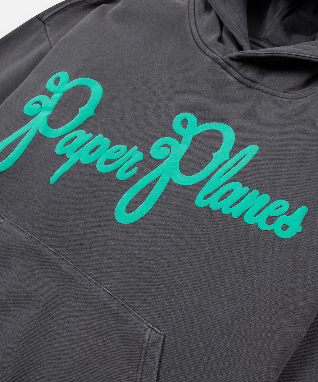 Paper Plane Hoodie - Script Logo Puff Print Hoodie - Washed Black - 310016