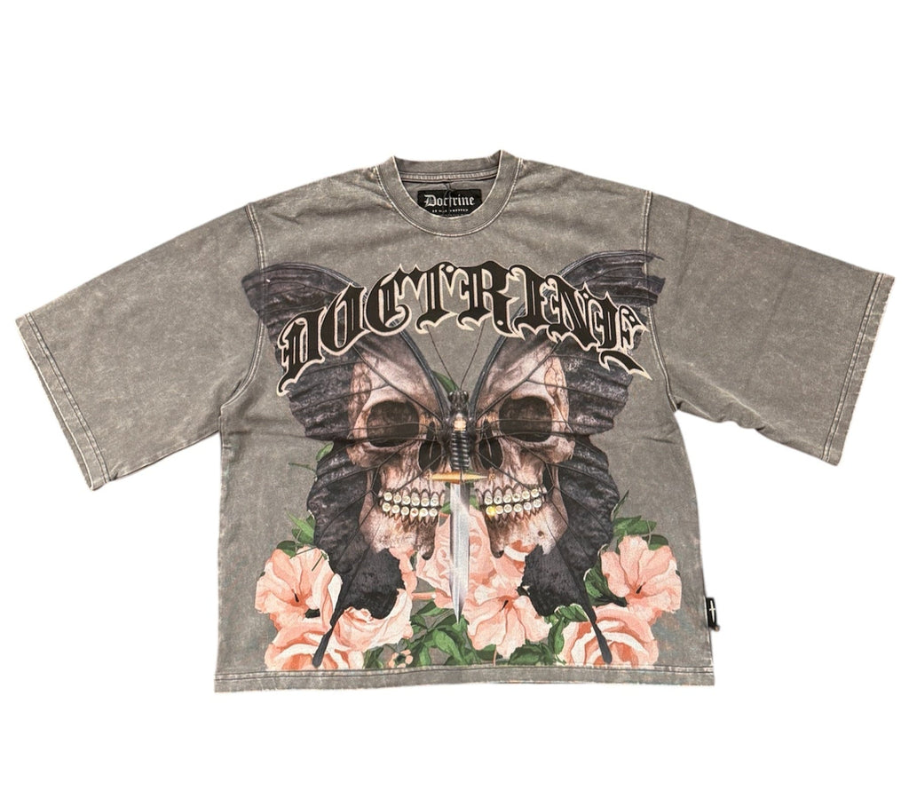 Doctrine - T-Shirt - Skulled Moth Garden - Charcoal Wash - DB0303