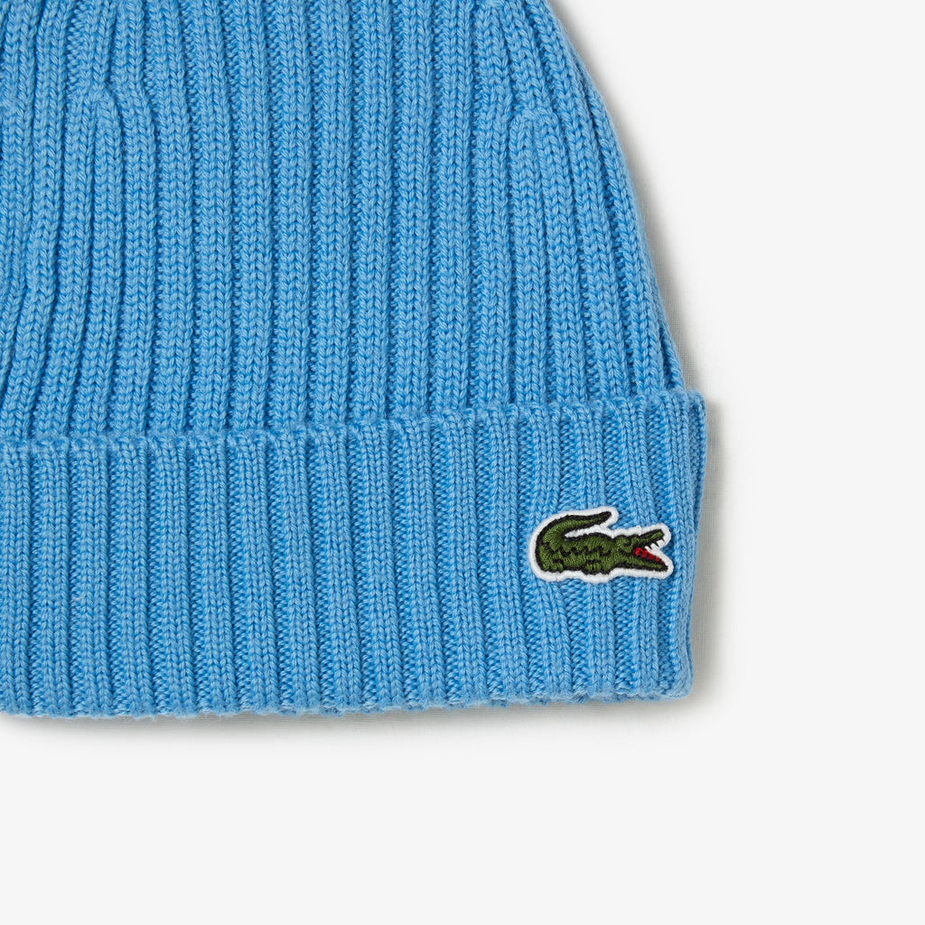 Lacoste Hat - Unisex Ribbed Wool Beanie - Blue 4XA - RB0001