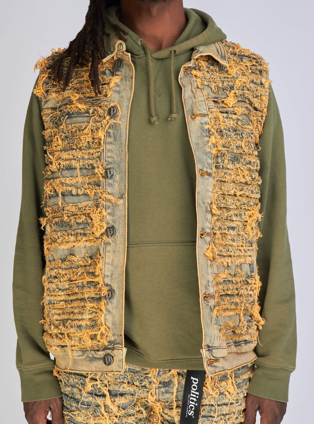 Politics Jean Vest - Thrashed Distressed Denim Vest - Dark Vintage - Debris 493