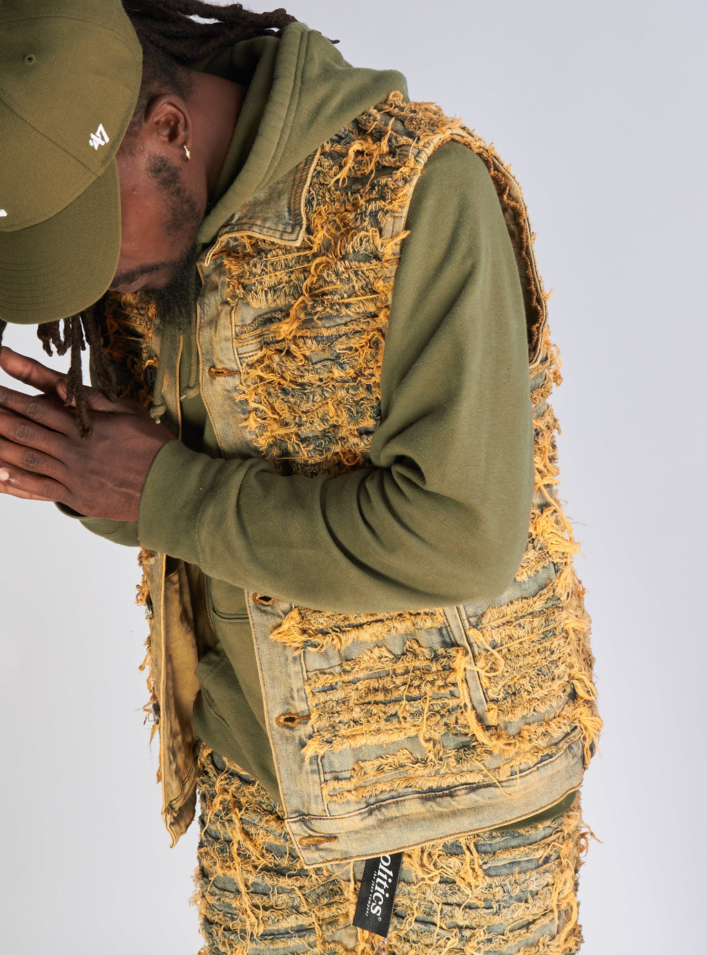 Politics Jean Vest - Thrashed Distressed Denim Vest - Dark Vintage - Debris 493