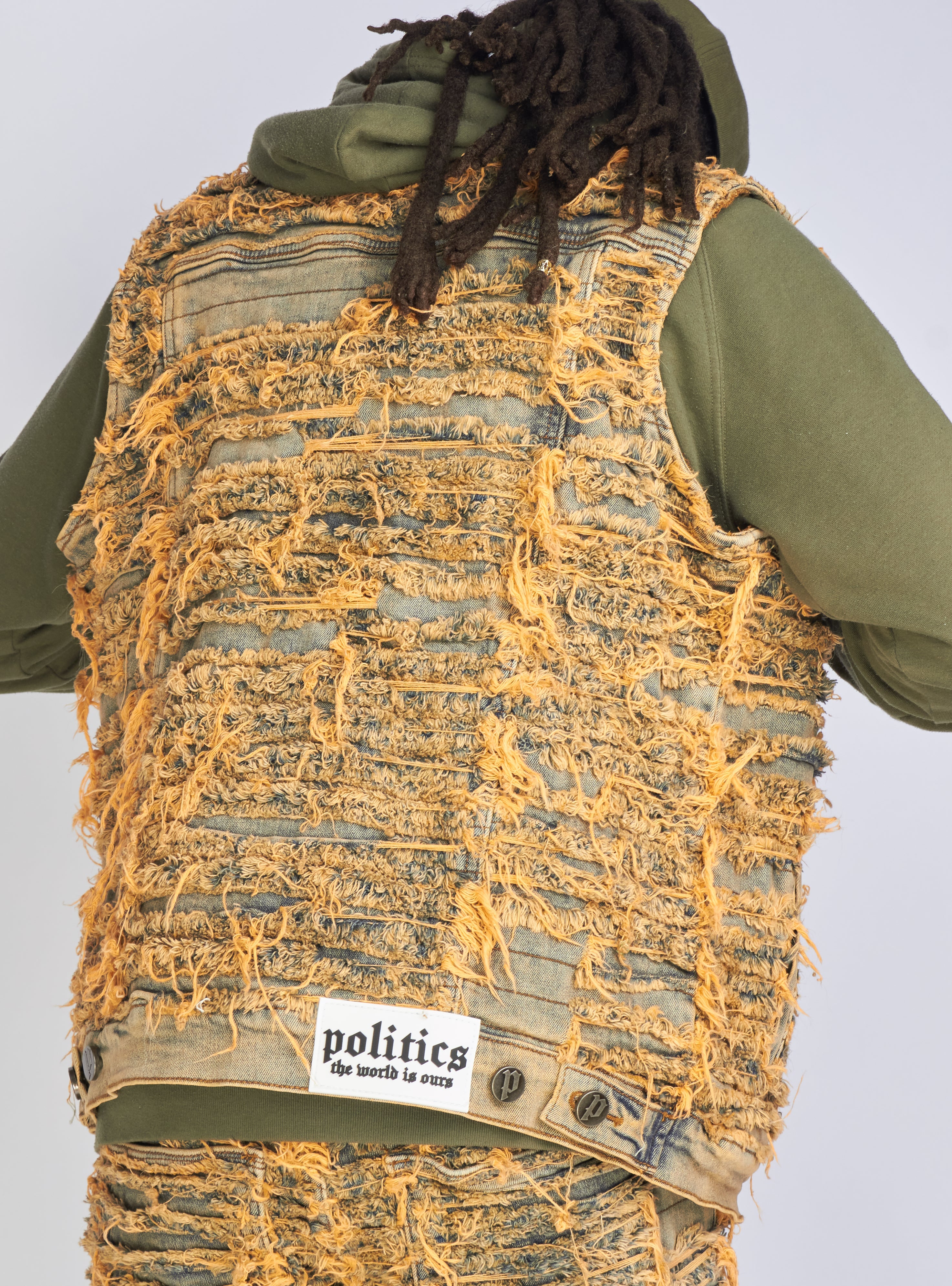 Politics Jean Vest - Thrashed Distressed Denim Vest - Dark Vintage - Debris 493
