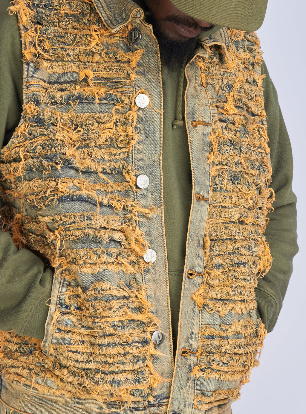 Politics Jean Vest - Thrashed Distressed Denim Vest - Dark Vintage - Debris 493