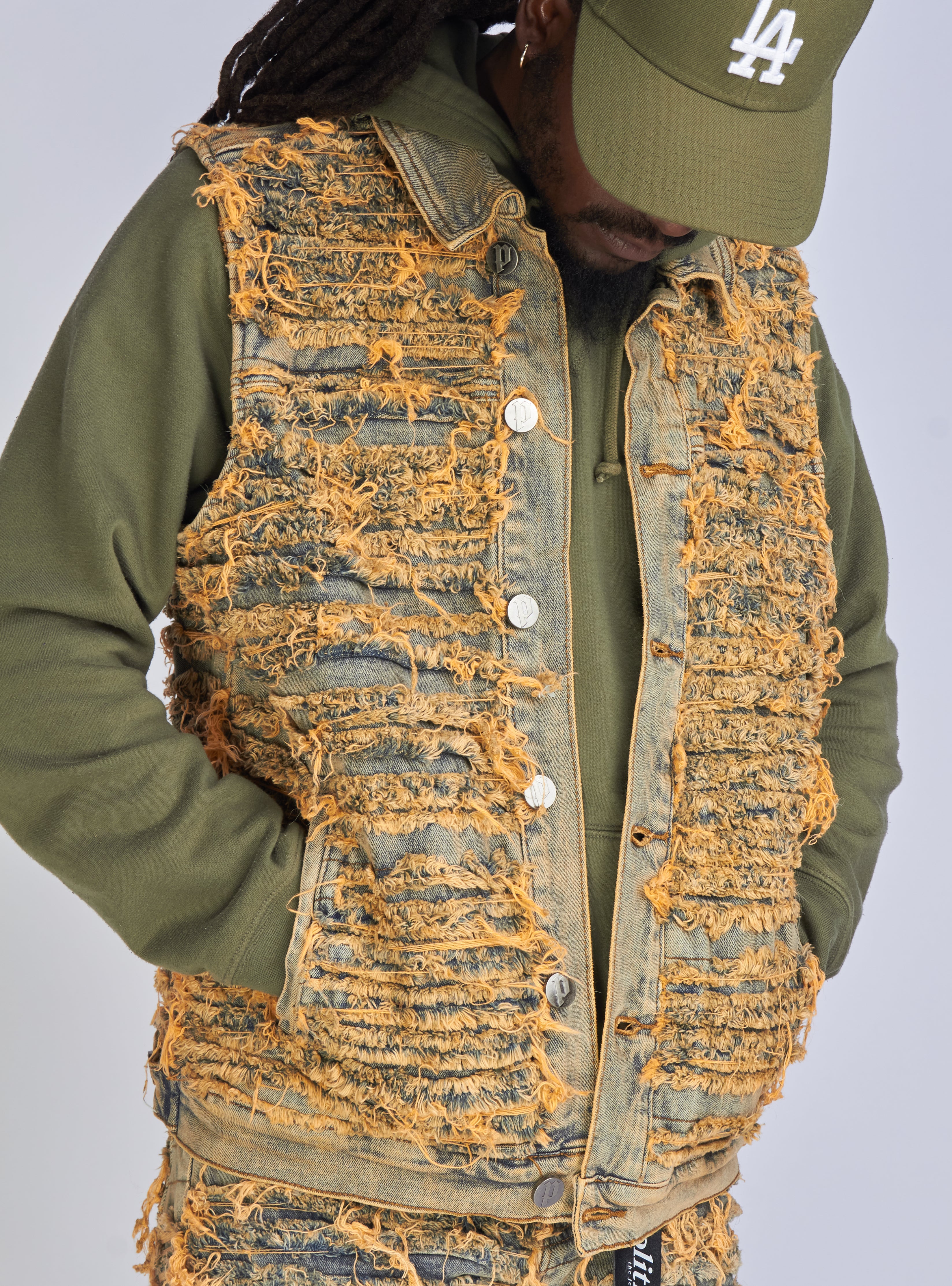 Politics Jean Vest - Thrashed Distressed Denim Vest - Dark Vintage - Debris 493