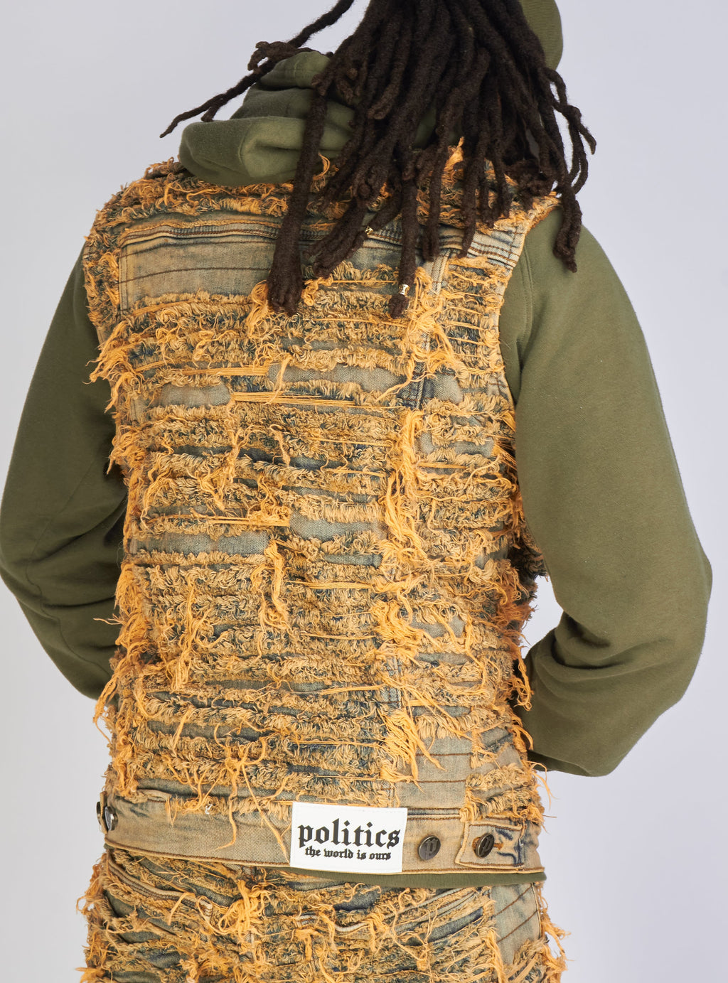 Politics Jean Vest - Thrashed Distressed Denim Vest - Dark Vintage - Debris 493