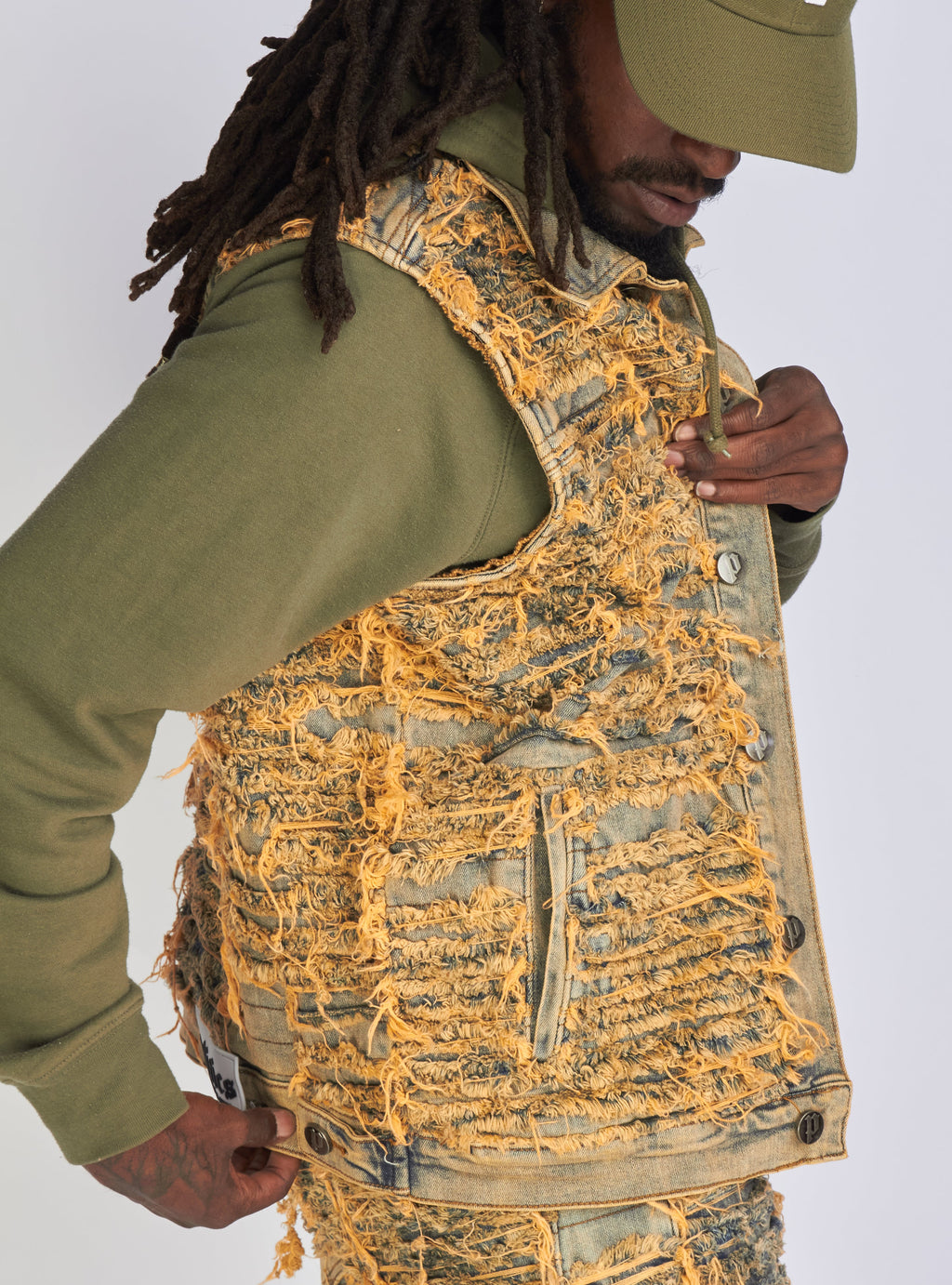 Politics Jean Vest - Thrashed Distressed Denim Vest - Dark Vintage - Debris 493