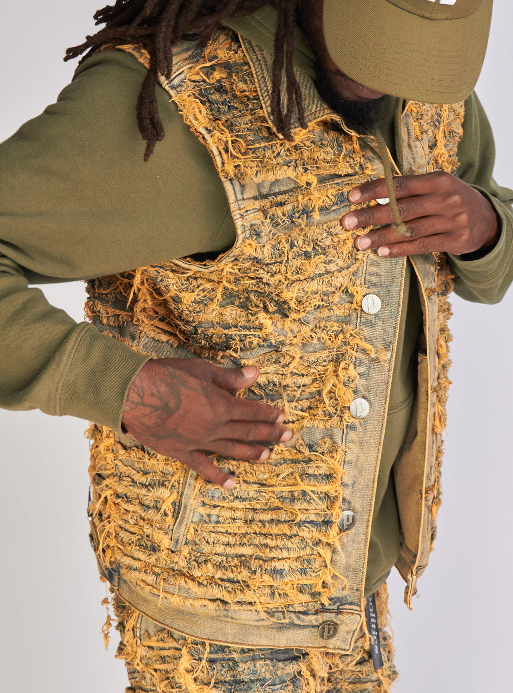 Politics Jean Vest - Thrashed Distressed Denim Vest - Dark Vintage - Debris 493