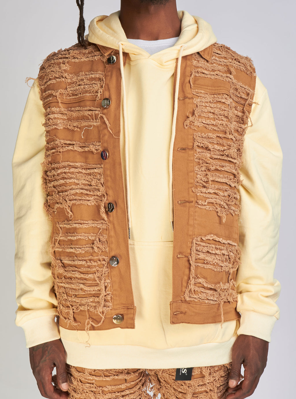 Politics Jean Vest - Thrashed Distressed Denim Vest - Dark Khaki - Debris 494