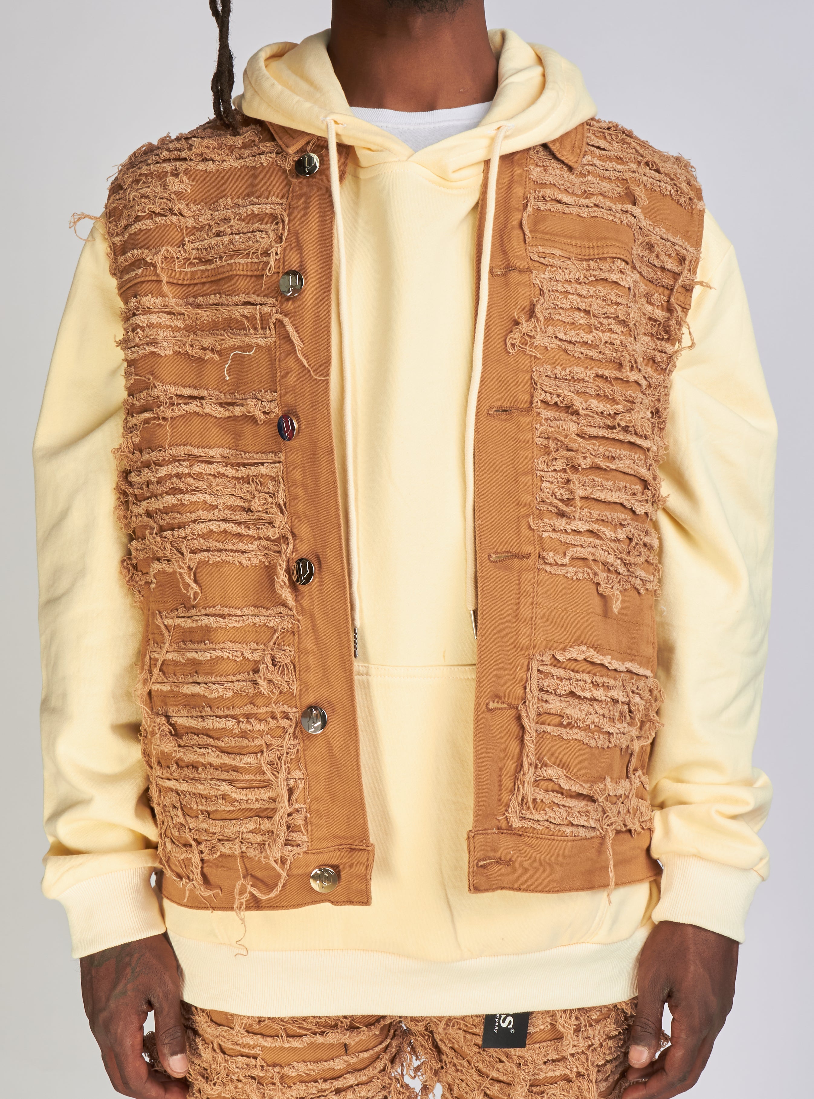 Politics Jean Vest - Thrashed Distressed Denim Vest - Dark Khaki - Debris 494