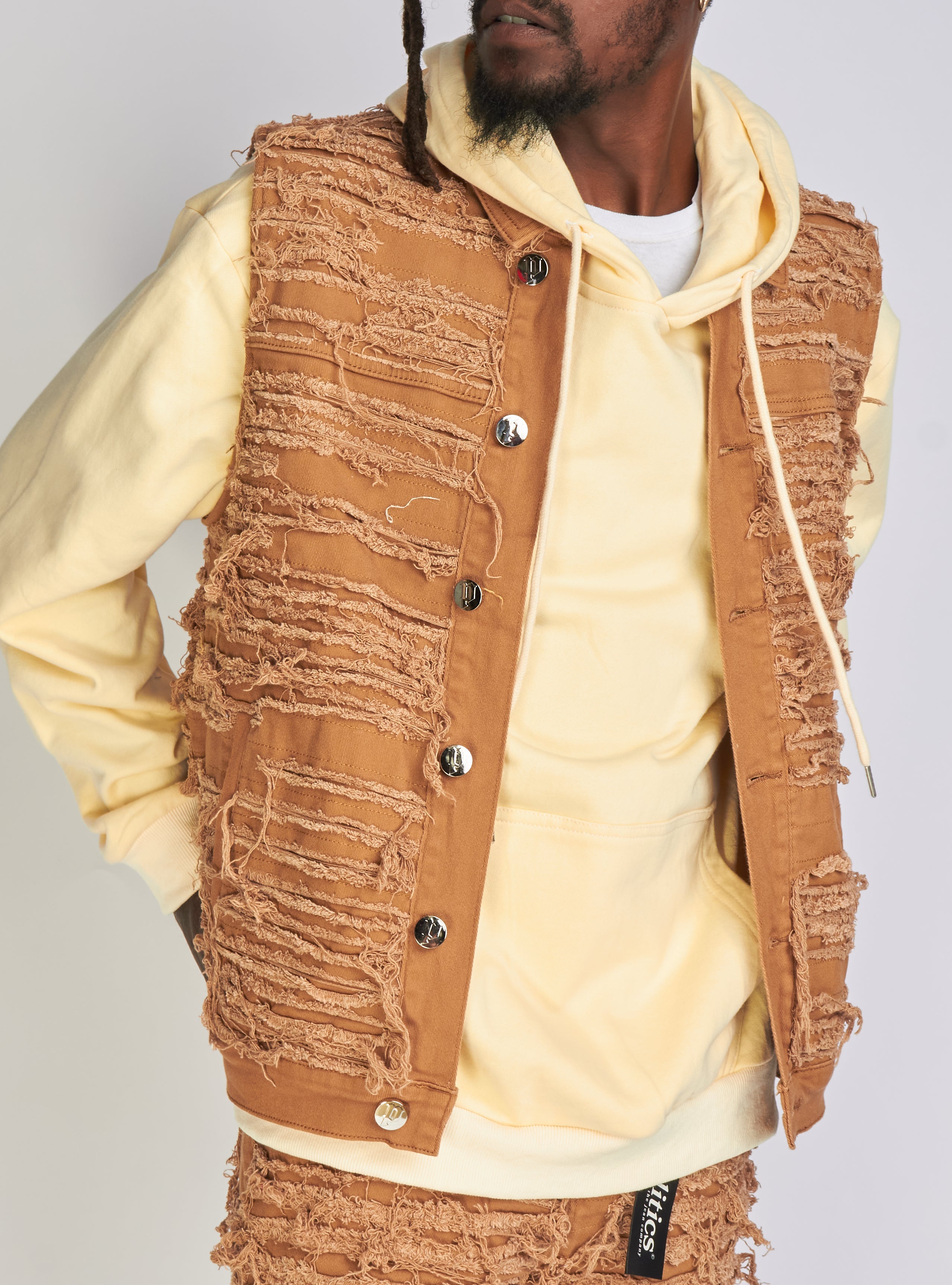 Politics Jean Vest - Thrashed Distressed Denim Vest - Dark Khaki - Debris 494