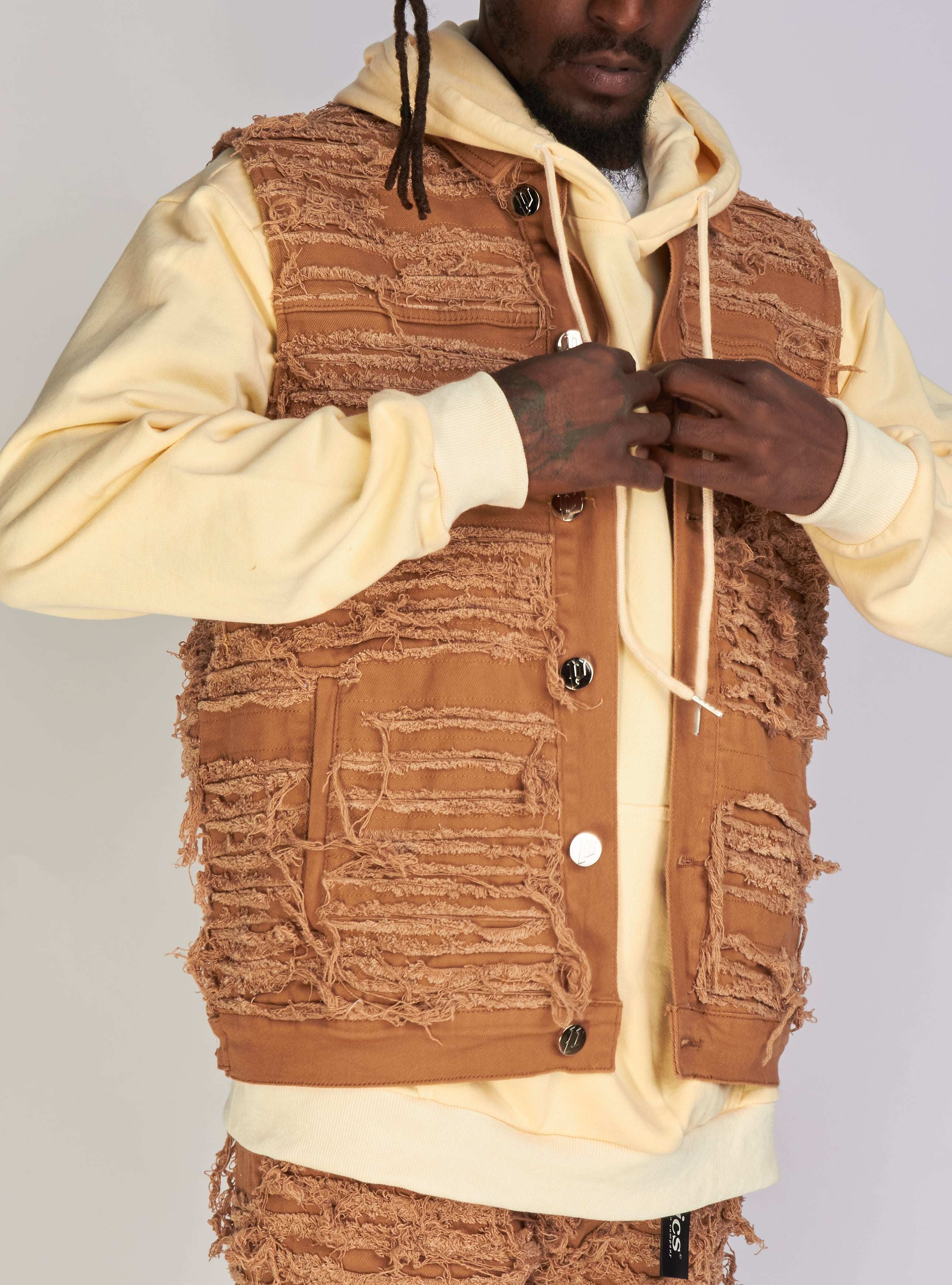 Politics Jean Vest - Thrashed Distressed Denim Vest - Dark Khaki - Debris 494