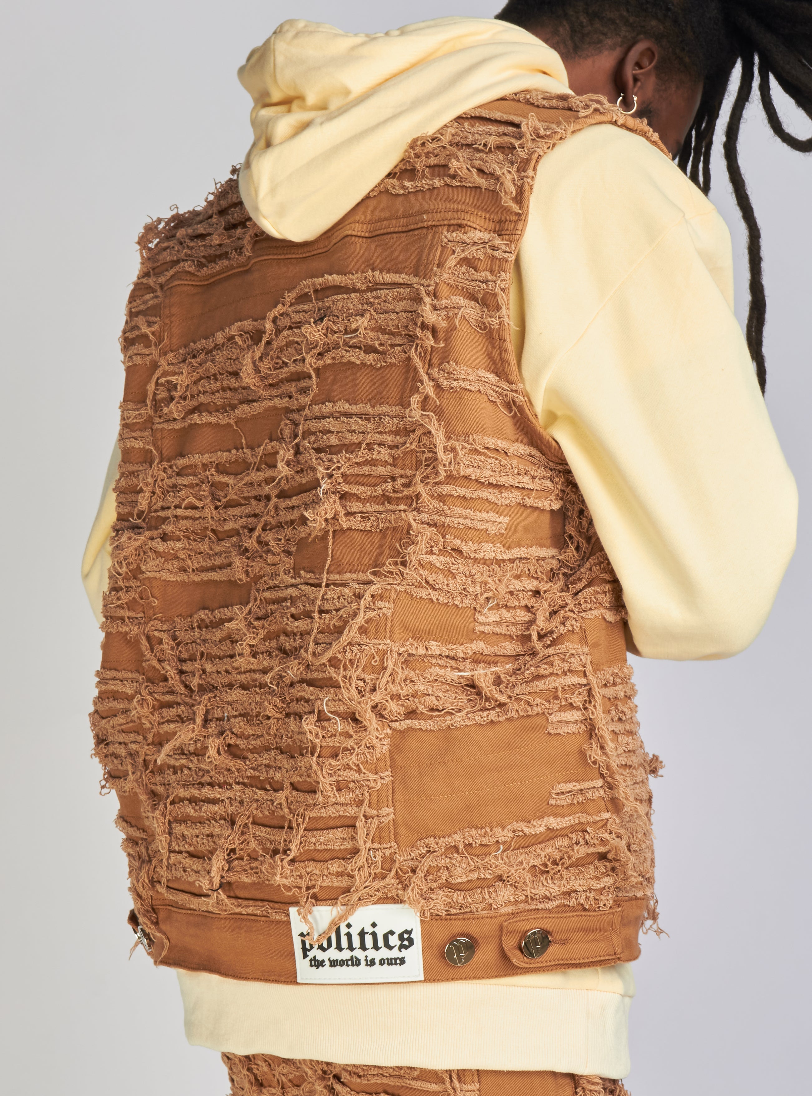 Politics Jean Vest - Thrashed Distressed Denim Vest - Dark Khaki - Debris 494