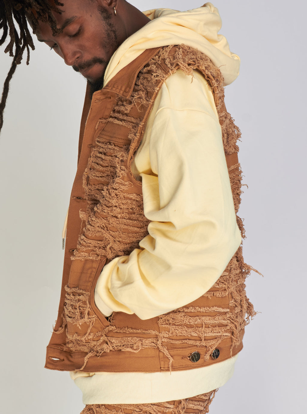 Politics Jean Vest - Thrashed Distressed Denim Vest - Dark Khaki - Debris 494