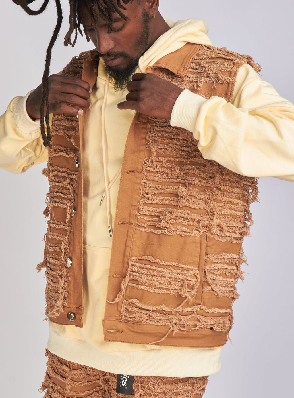 Politics Jean Vest - Thrashed Distressed Denim Vest - Dark Khaki - Debris 494